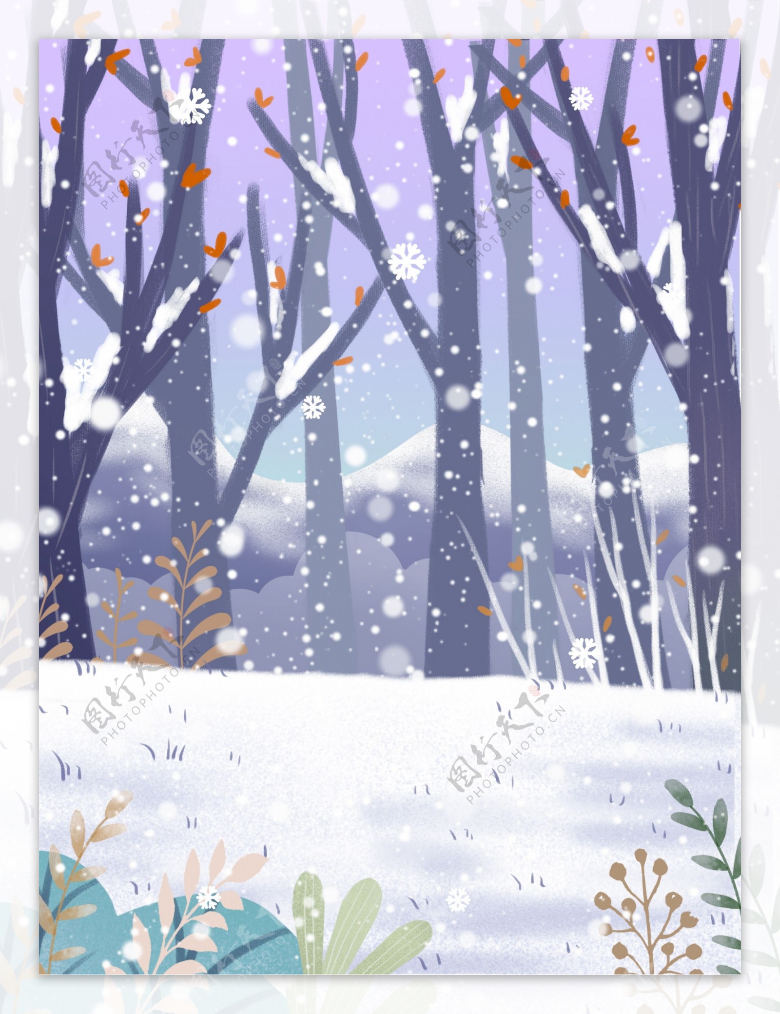手绘冬季树林背景设计