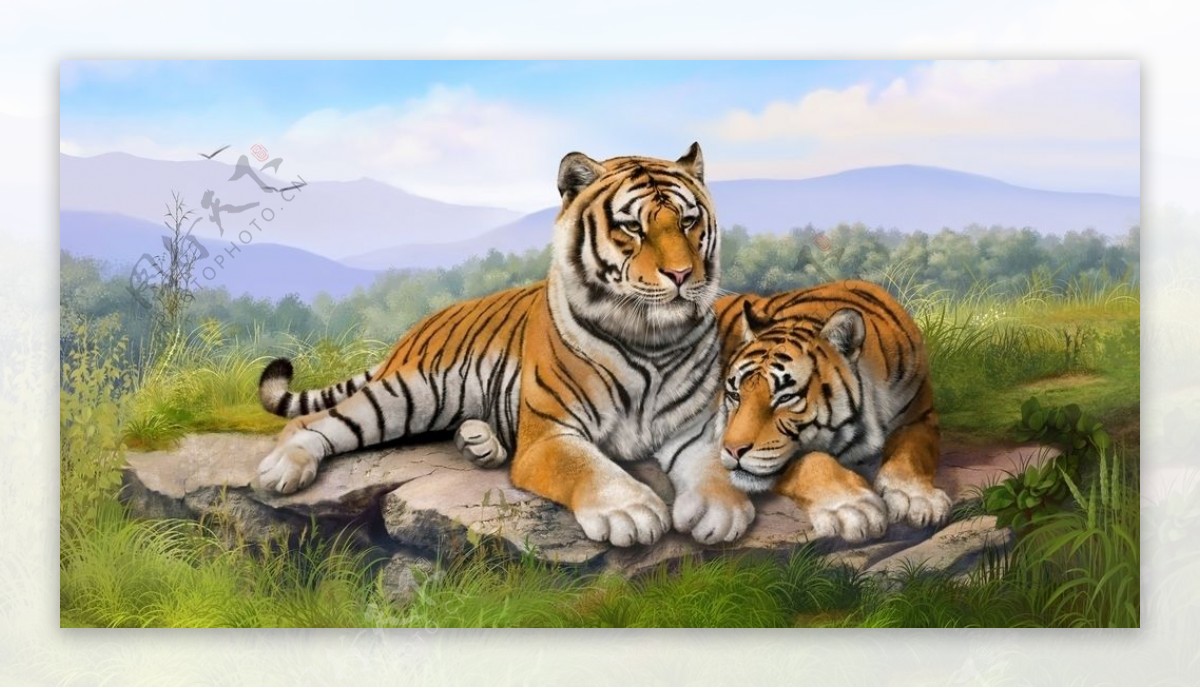 两只老虎手绘风景