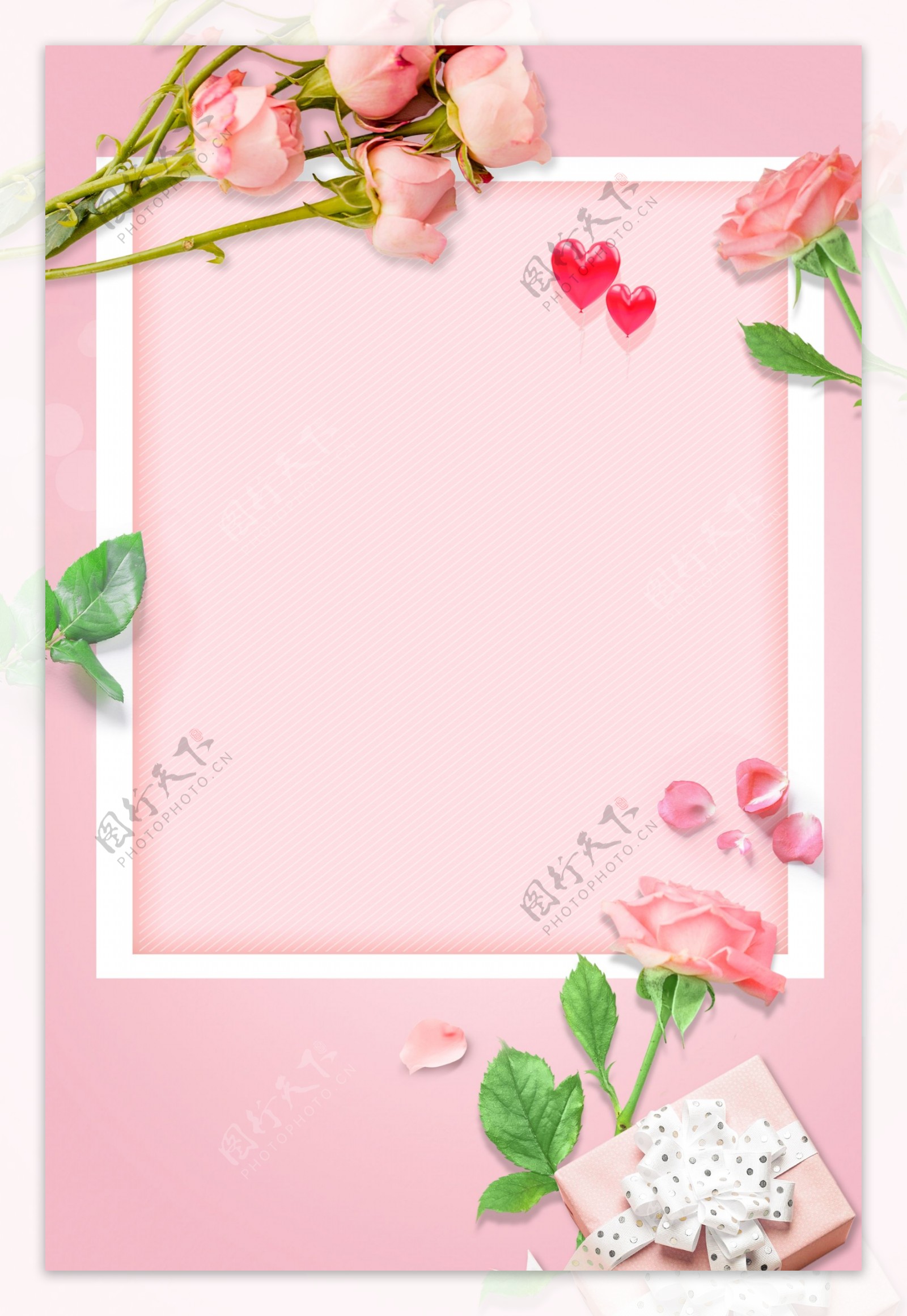粉色爱心玫瑰花束边框母亲节海报