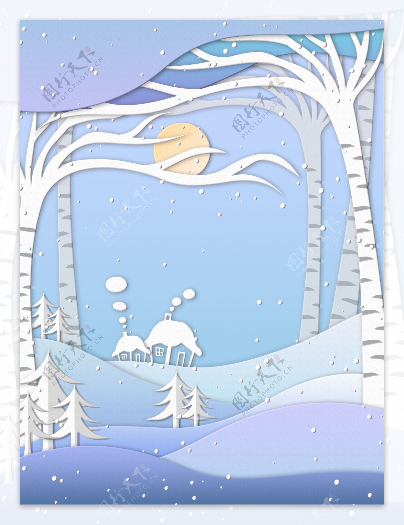剪纸风冬季雪地鹿背景设计
