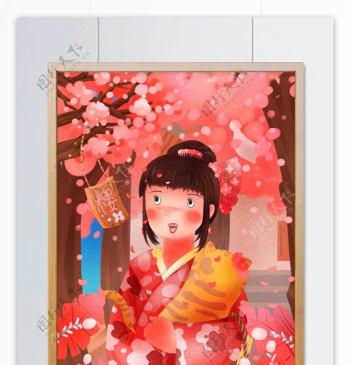 日本樱花节抱猫赏樱花的和服女孩唯美插画