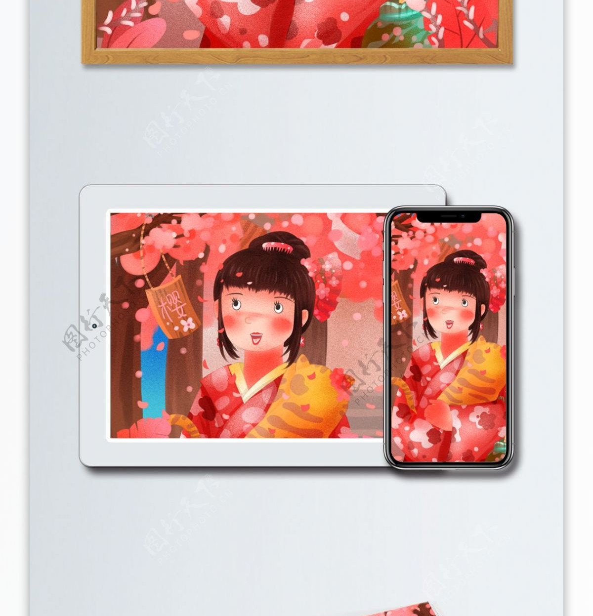日本樱花节抱猫赏樱花的和服女孩唯美插画