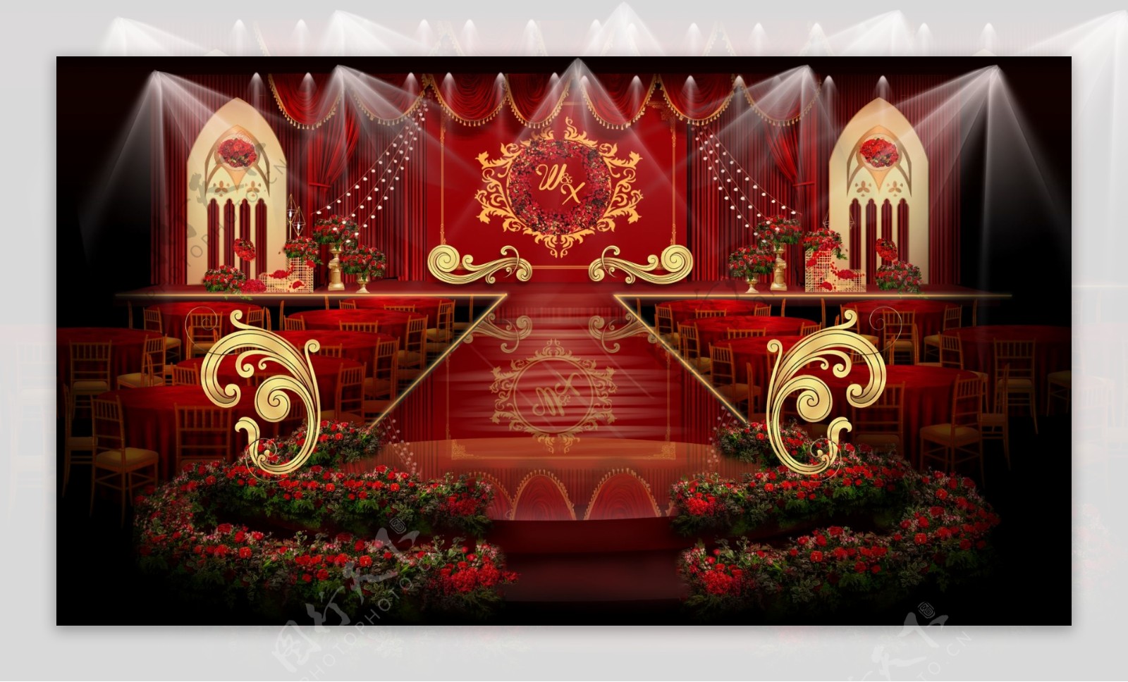 红色欧式婚礼主舞台效果图