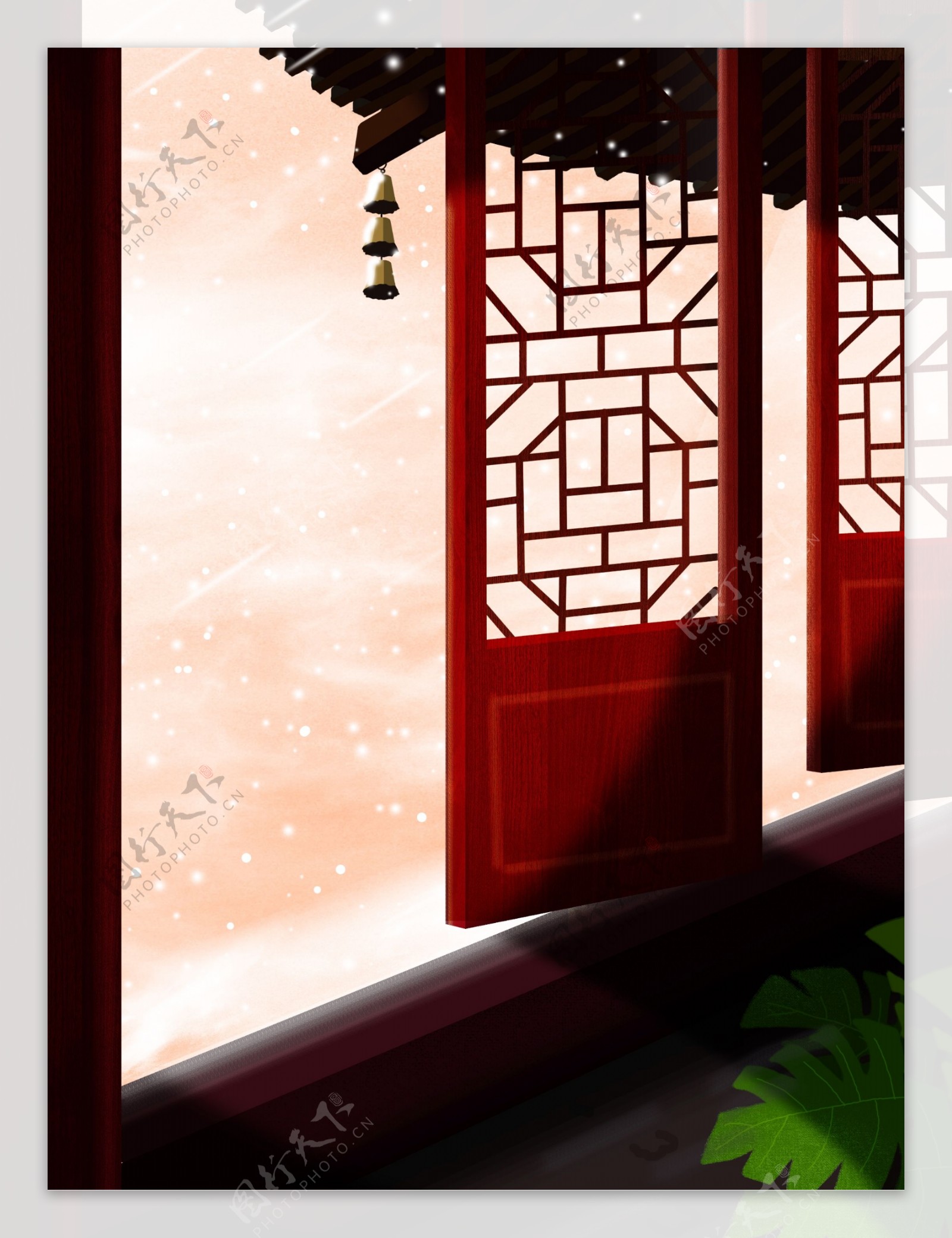 传统中国风下雪屋檐背景设计