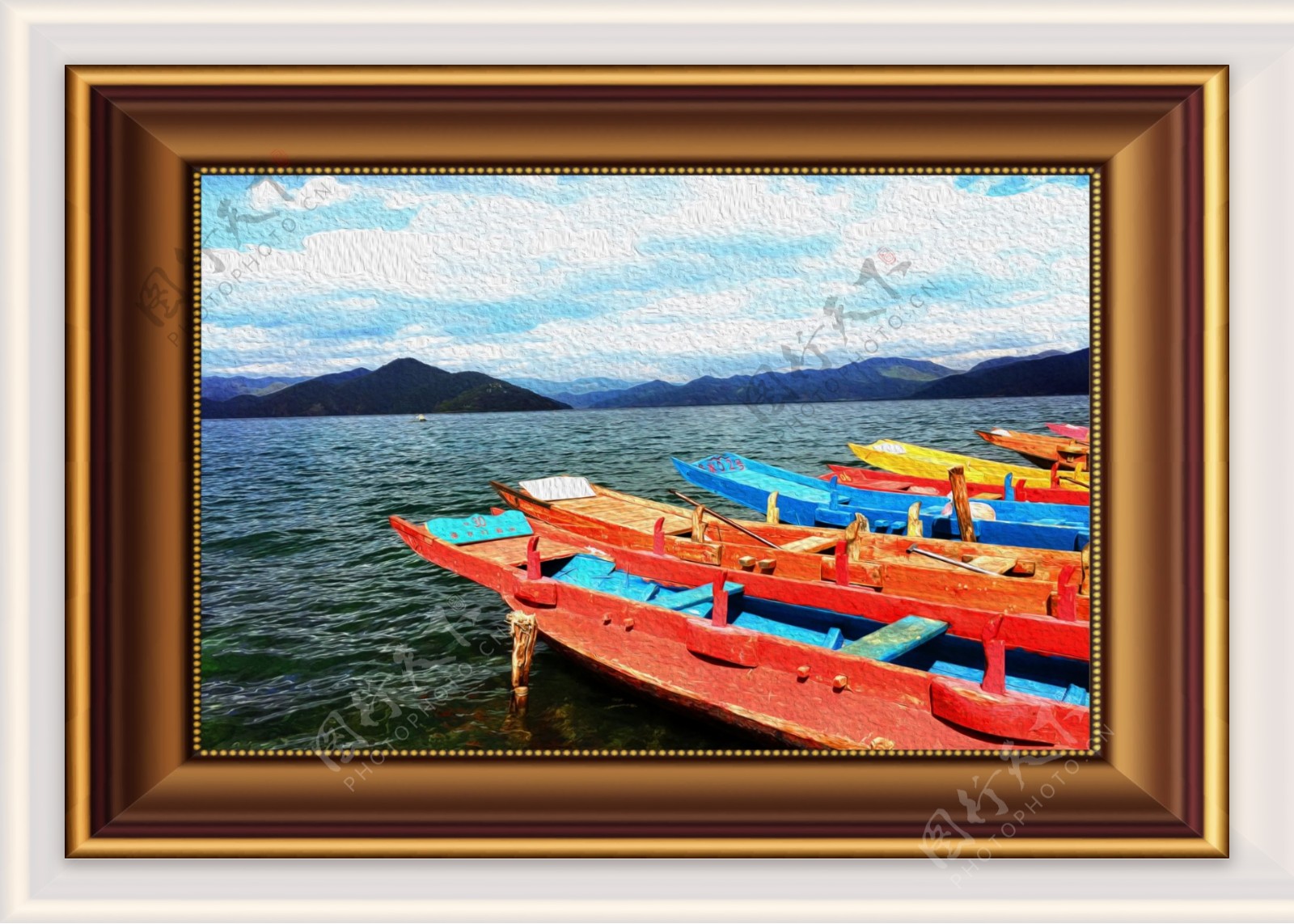 油画泸沽湖船边框相框