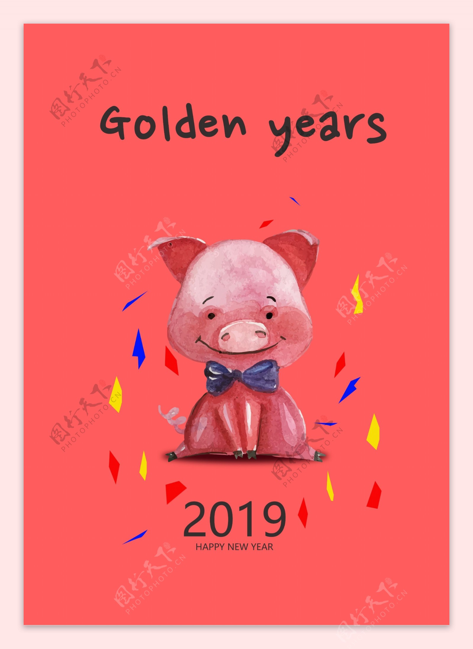 猪新年快乐海报与手绘卡通领结