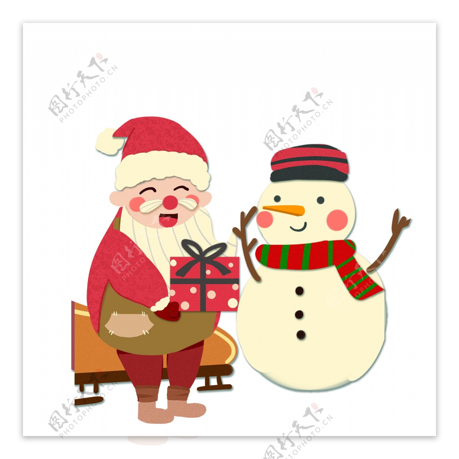 复古手绘圣诞老人和雪人