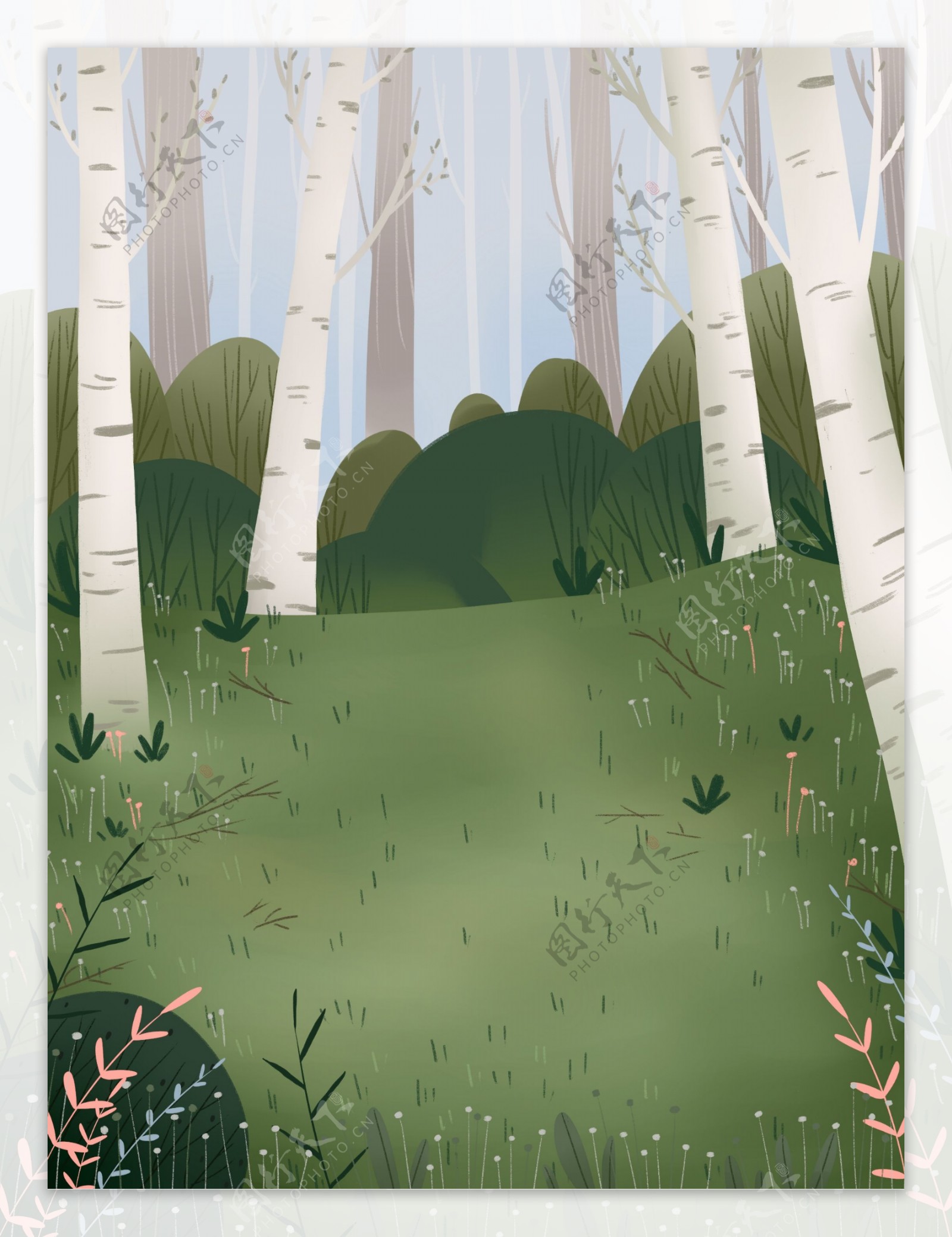 简约手绘插画树林背景设计