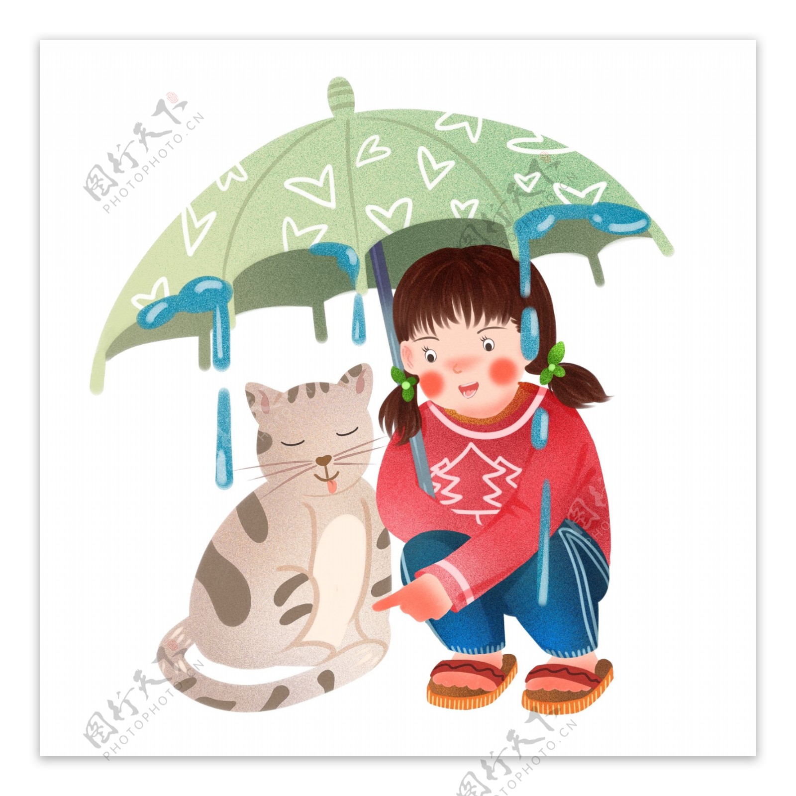 雨伞下的女孩和小猫免抠元素