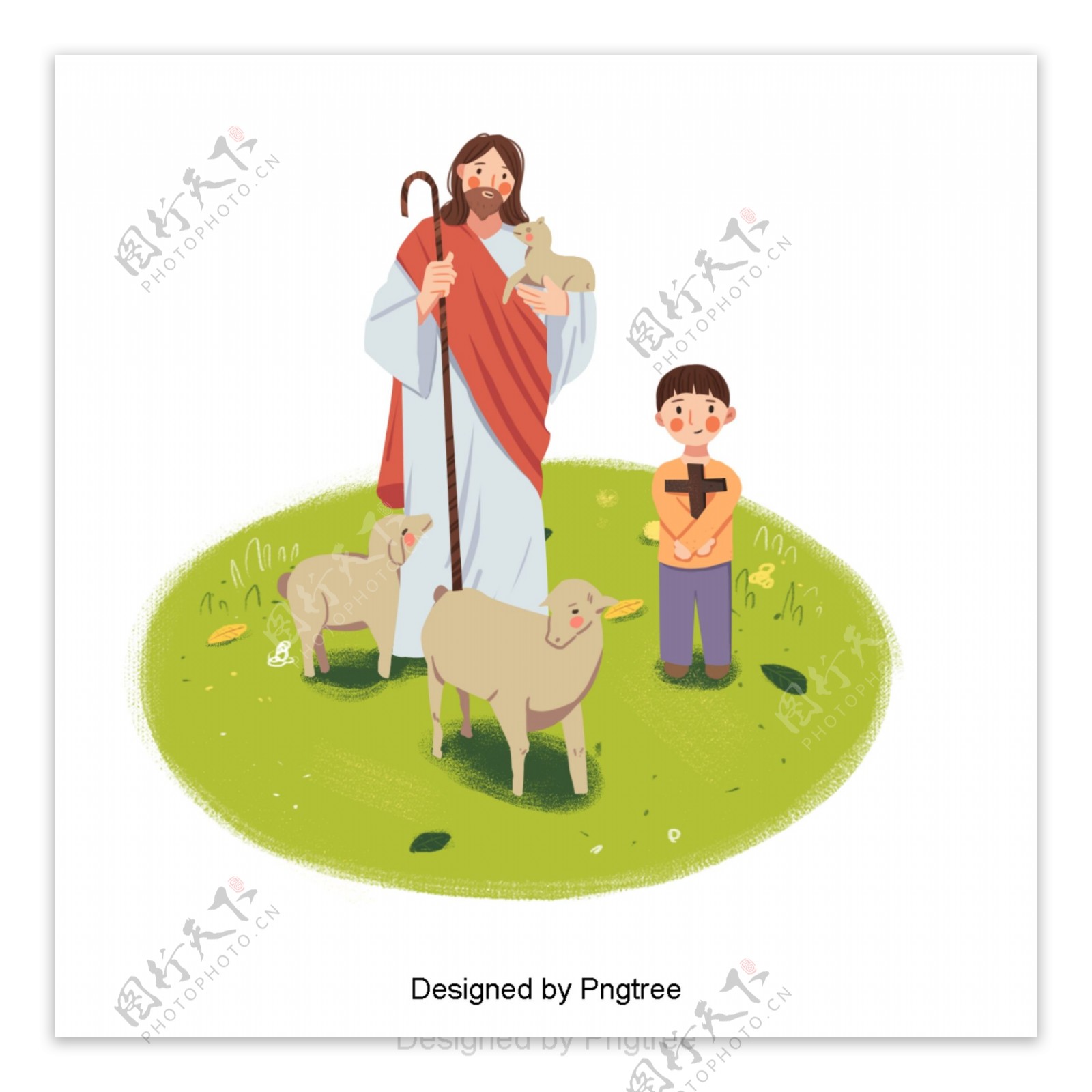 可爱的耶稣拿着羊和儿童手绘插图