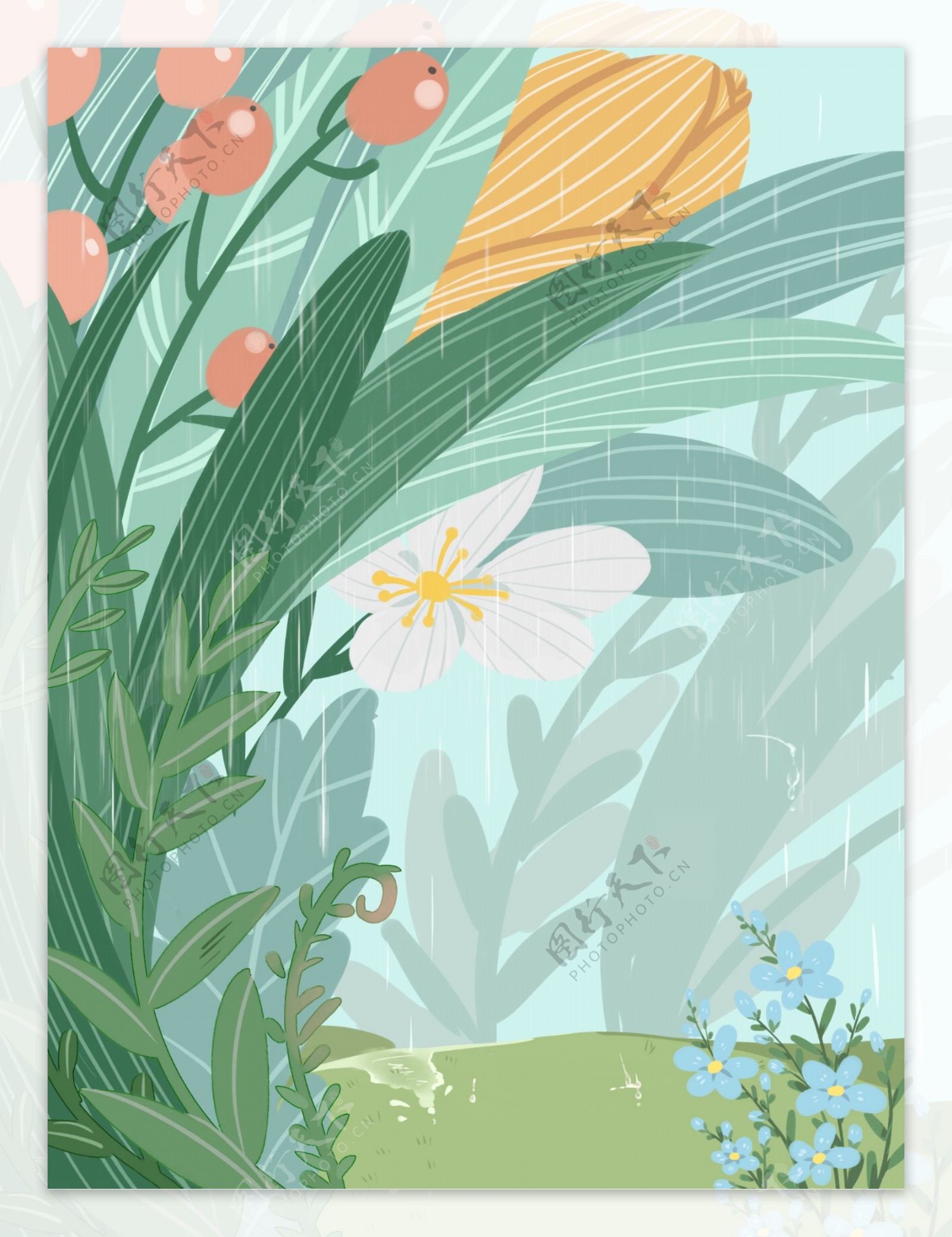 雨季彩绘清新春季植物背景设计