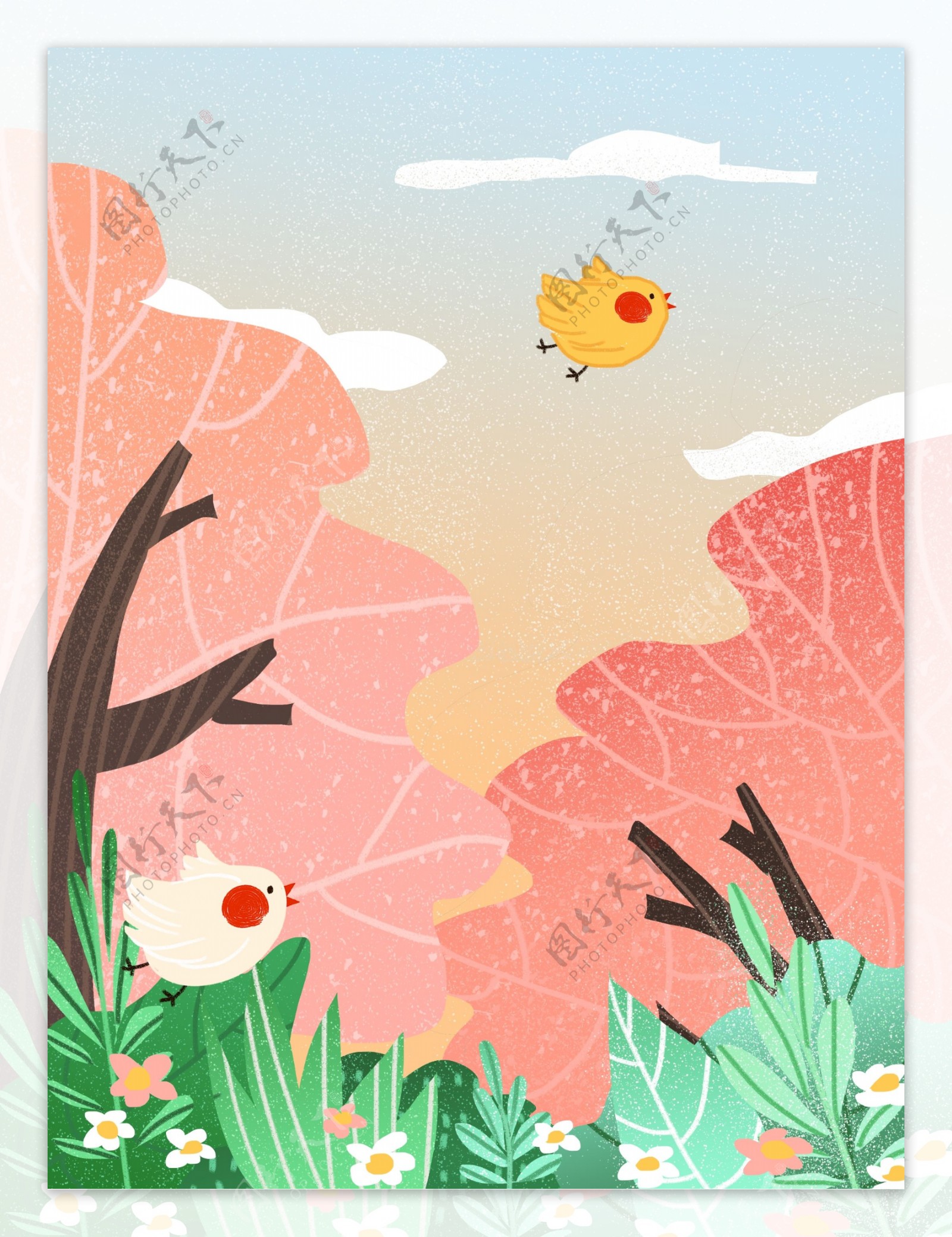 彩绘春季花丛小鸟背景设计