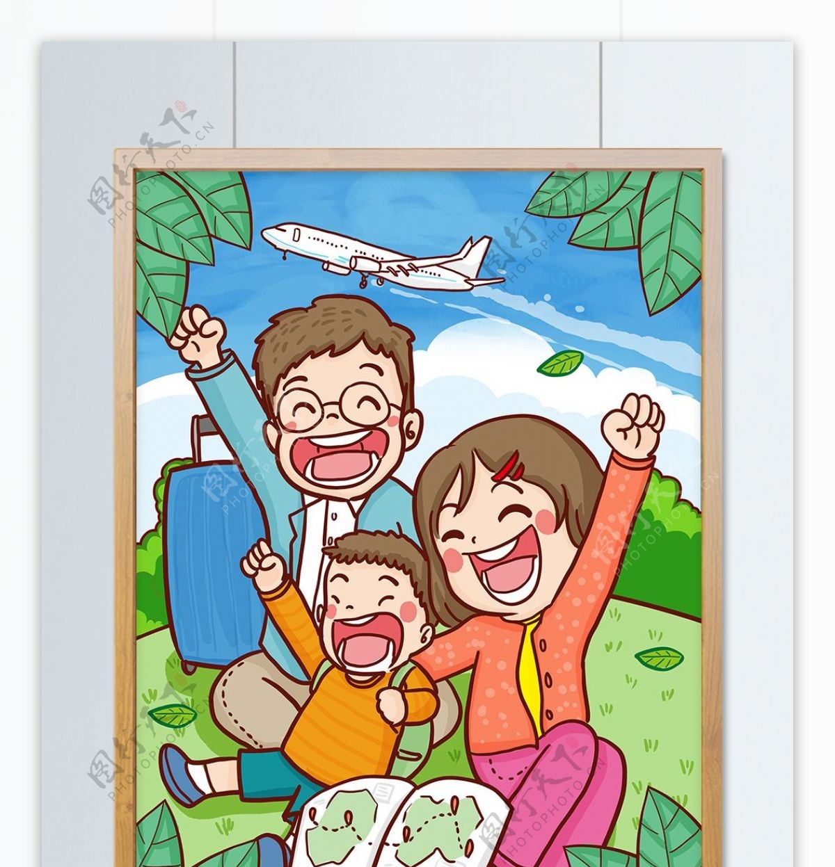 旅游季节全家人一起去旅游手绘原创插画