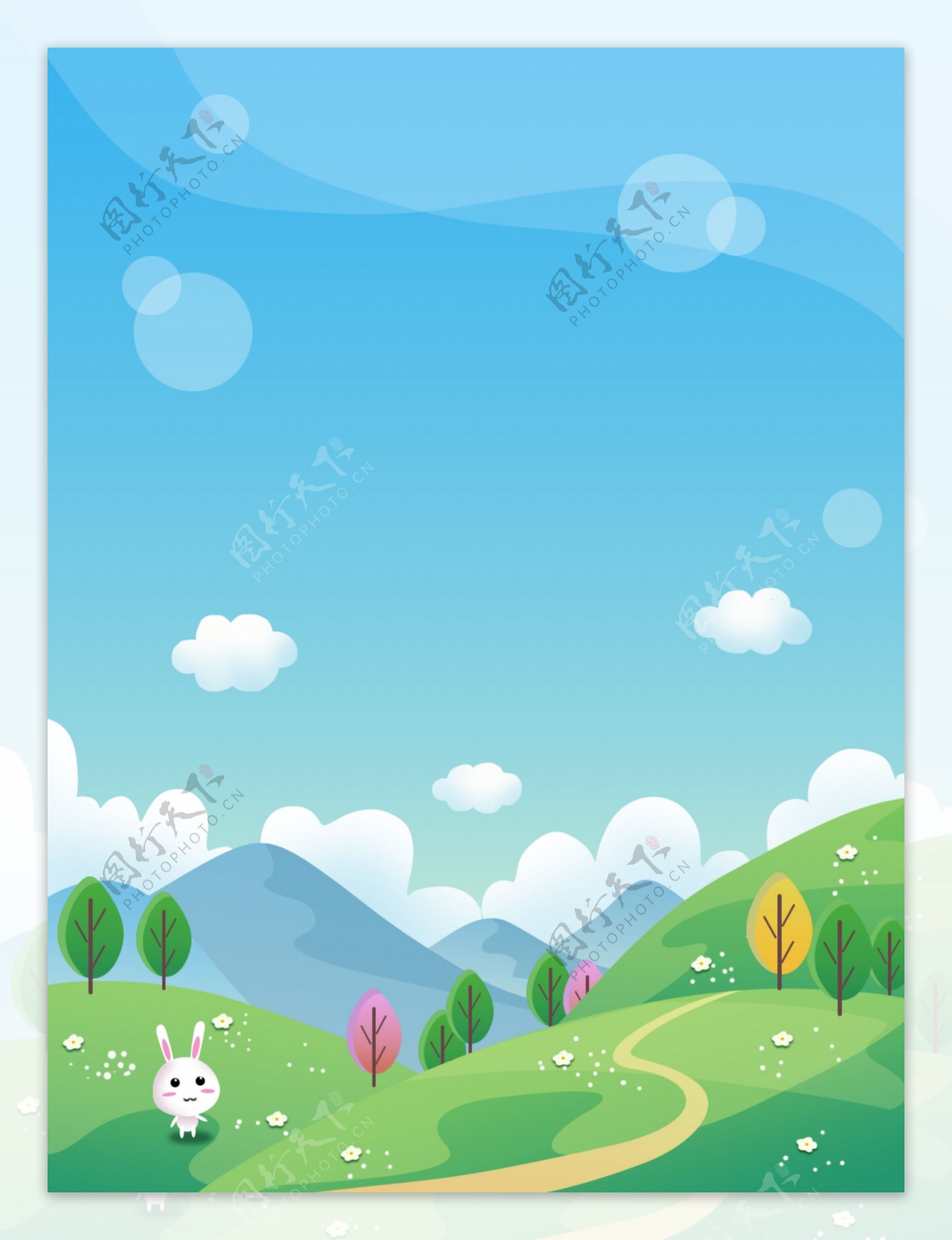 蓝天白云鲜花绿植草原兔子卡通小清新背景