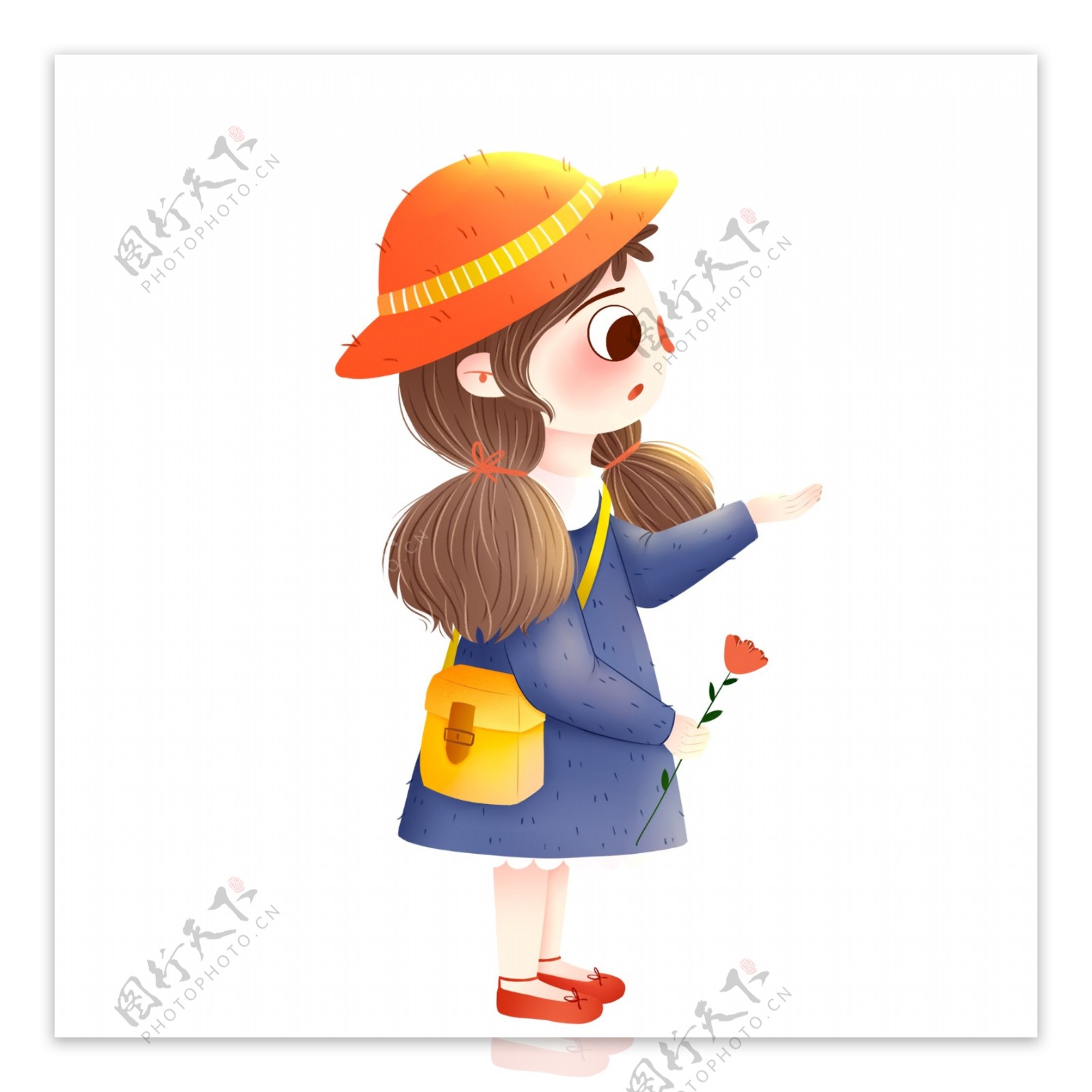 手绘可爱拿着一枝花的女孩子