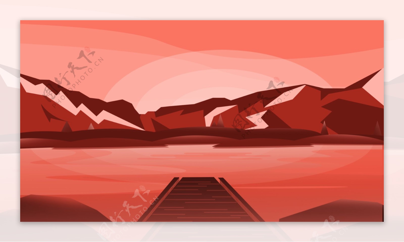 珊瑚红山水风景插画背景