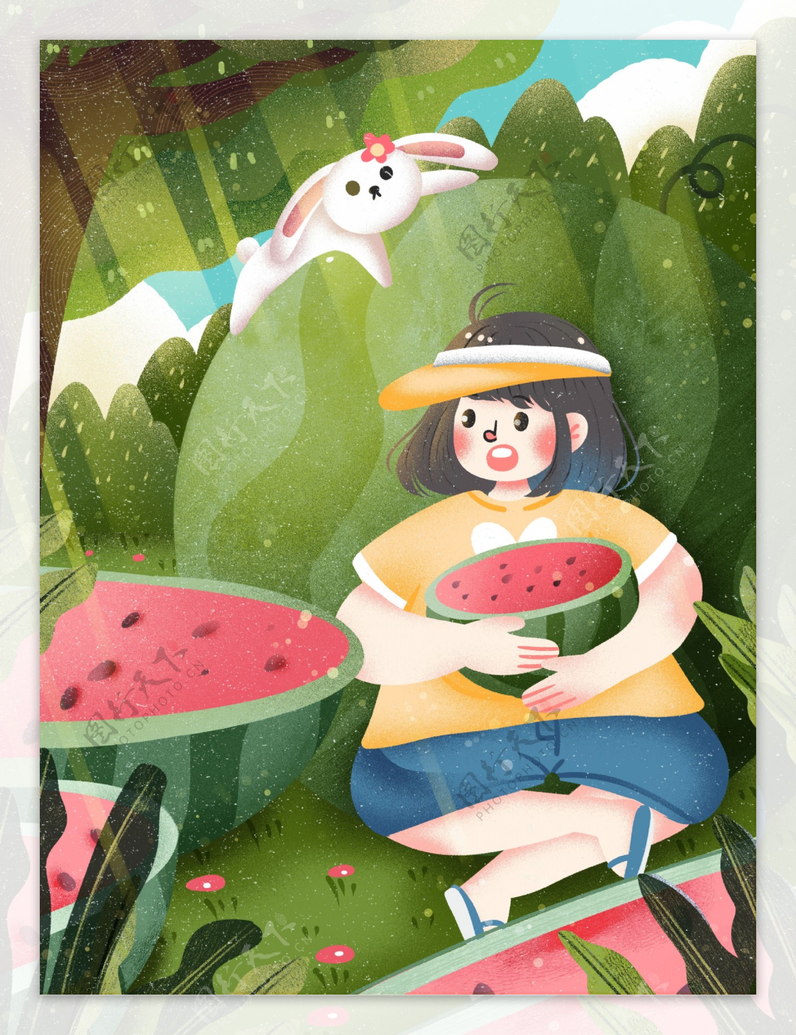 夏季小清新吃西瓜的女孩和兔子树荫下乘凉