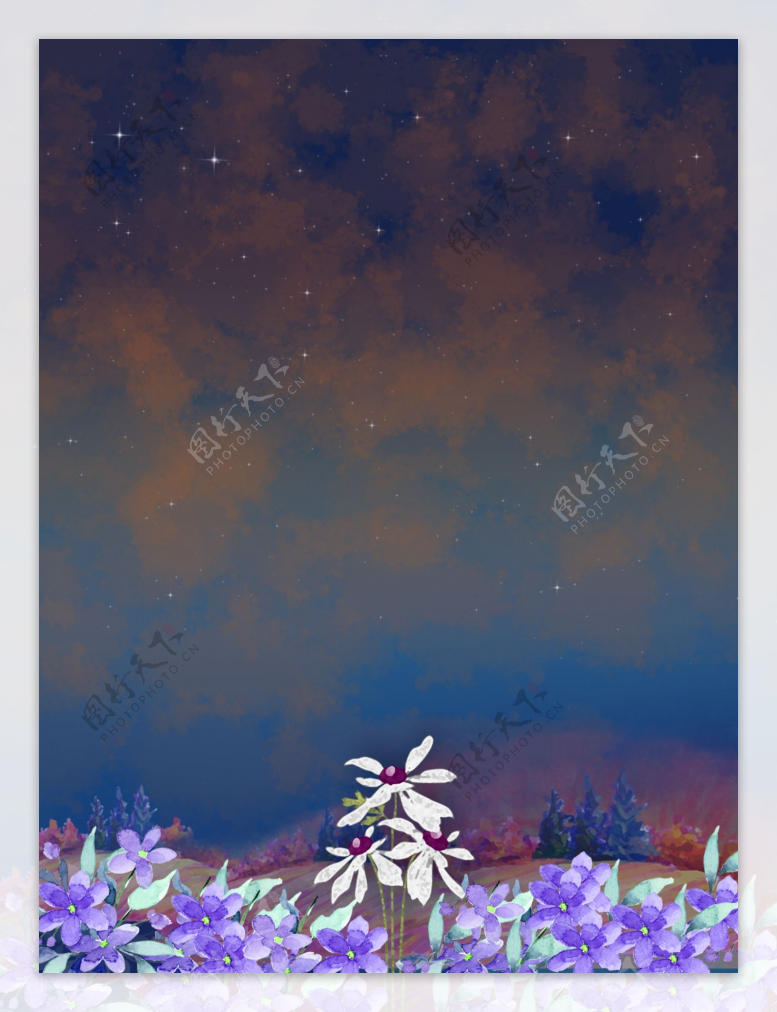 手绘夜幕下的花朵背景