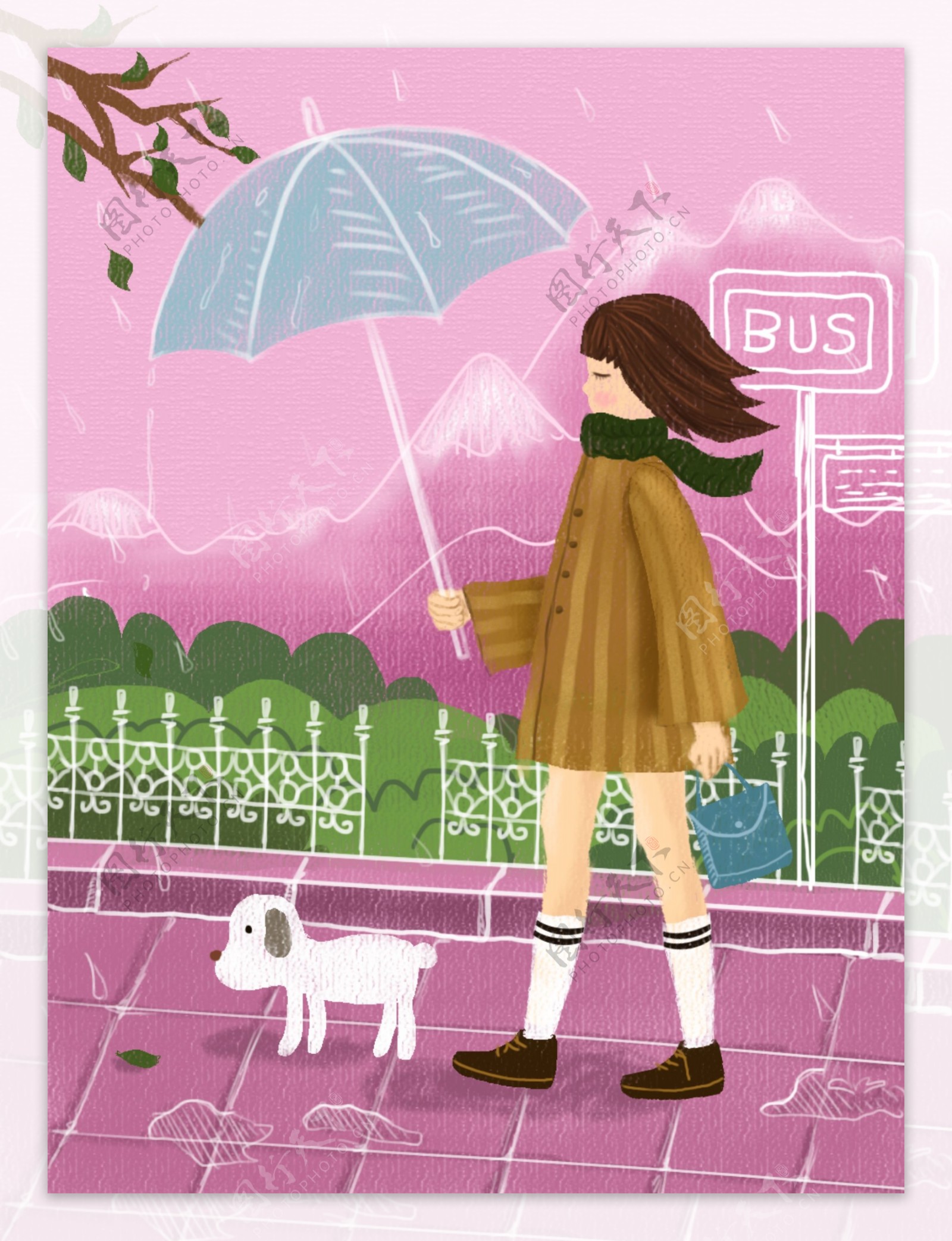 原创手绘春季雨天粉色系浪漫少女背景