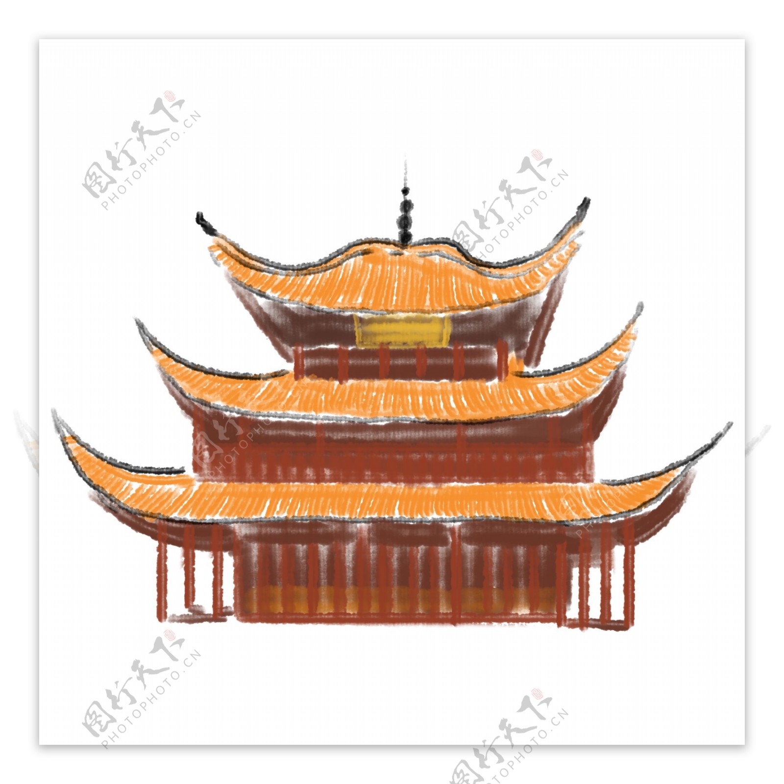 水墨中国古建筑插画