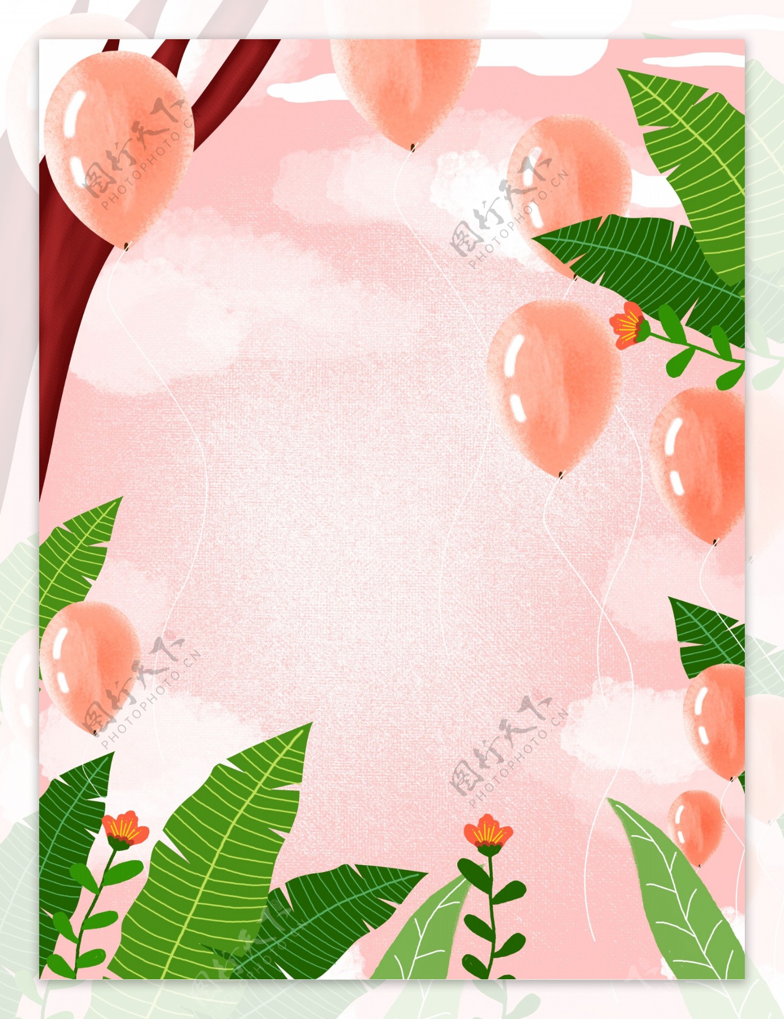 温馨粉色气球绿叶女神节背景设计