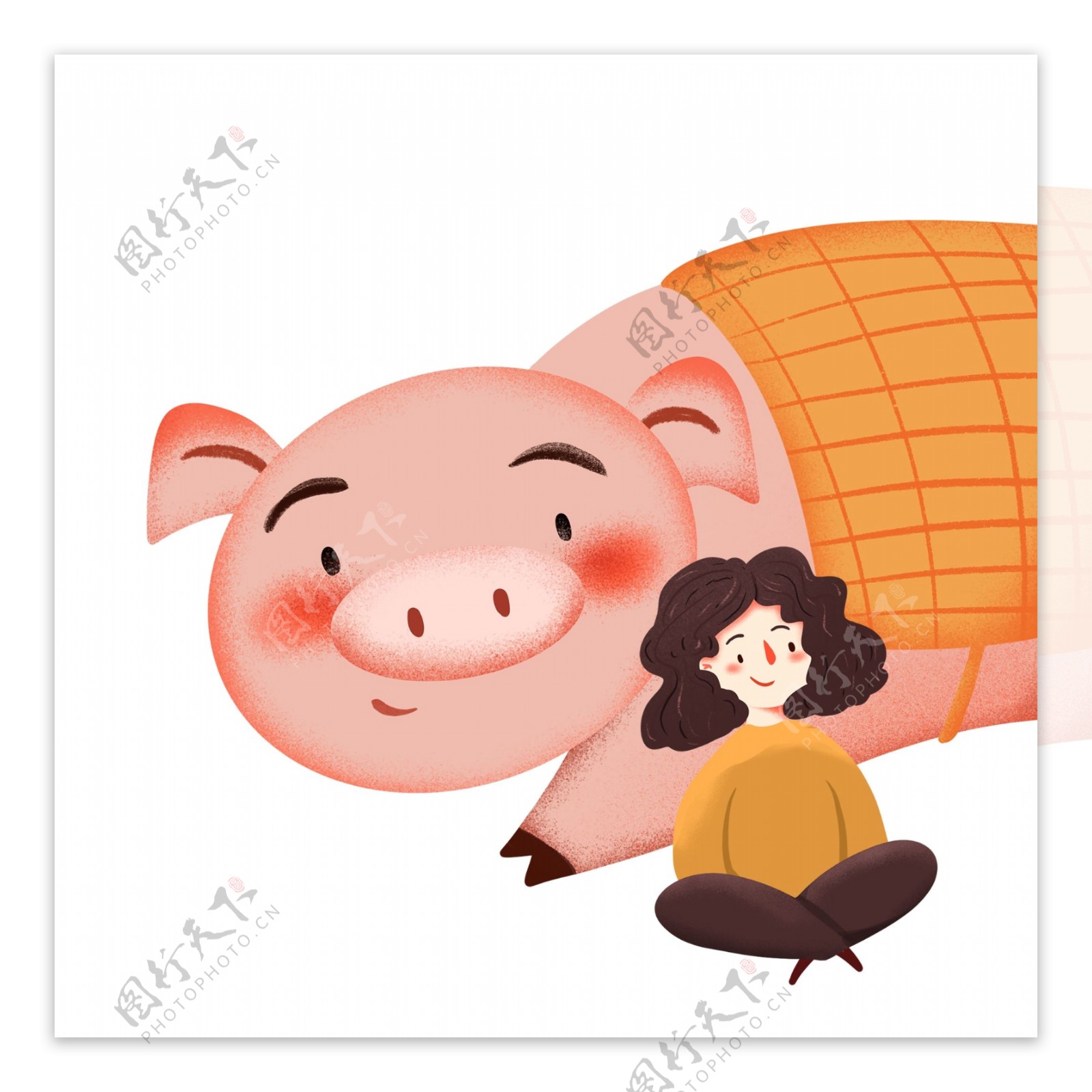 卡通坐着的女孩和小猪