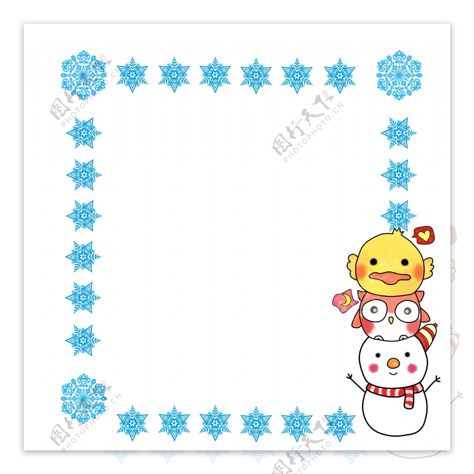 圣诞节雪花边框雪人猫头鹰鸭子叠叠高卡通手绘PNG