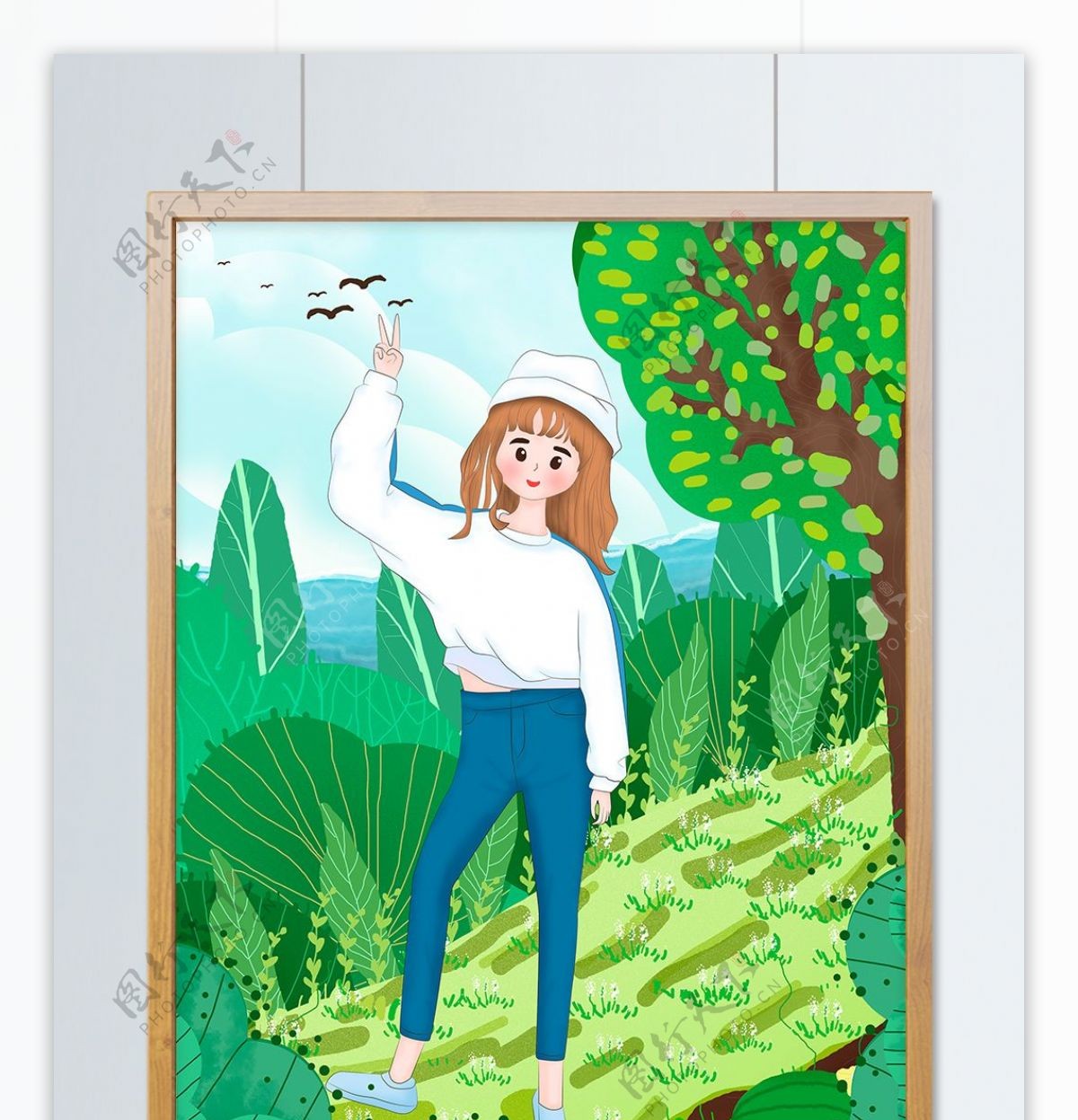 立夏之树下拍照的女孩扁平风插画