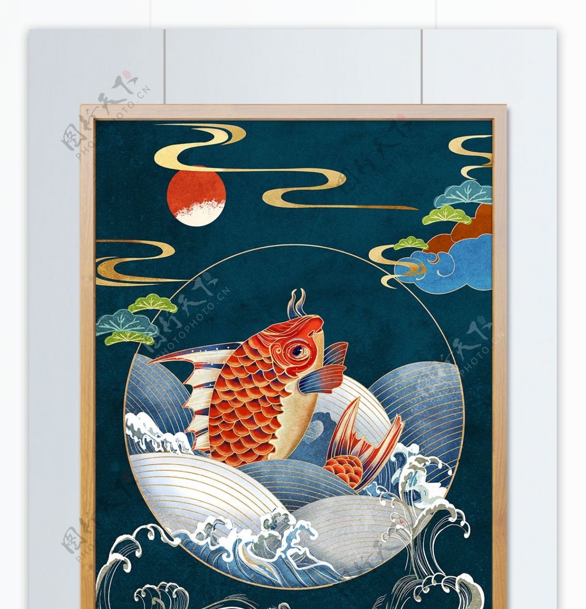 新中式国潮翻腾的鲤鱼复古传统纹样