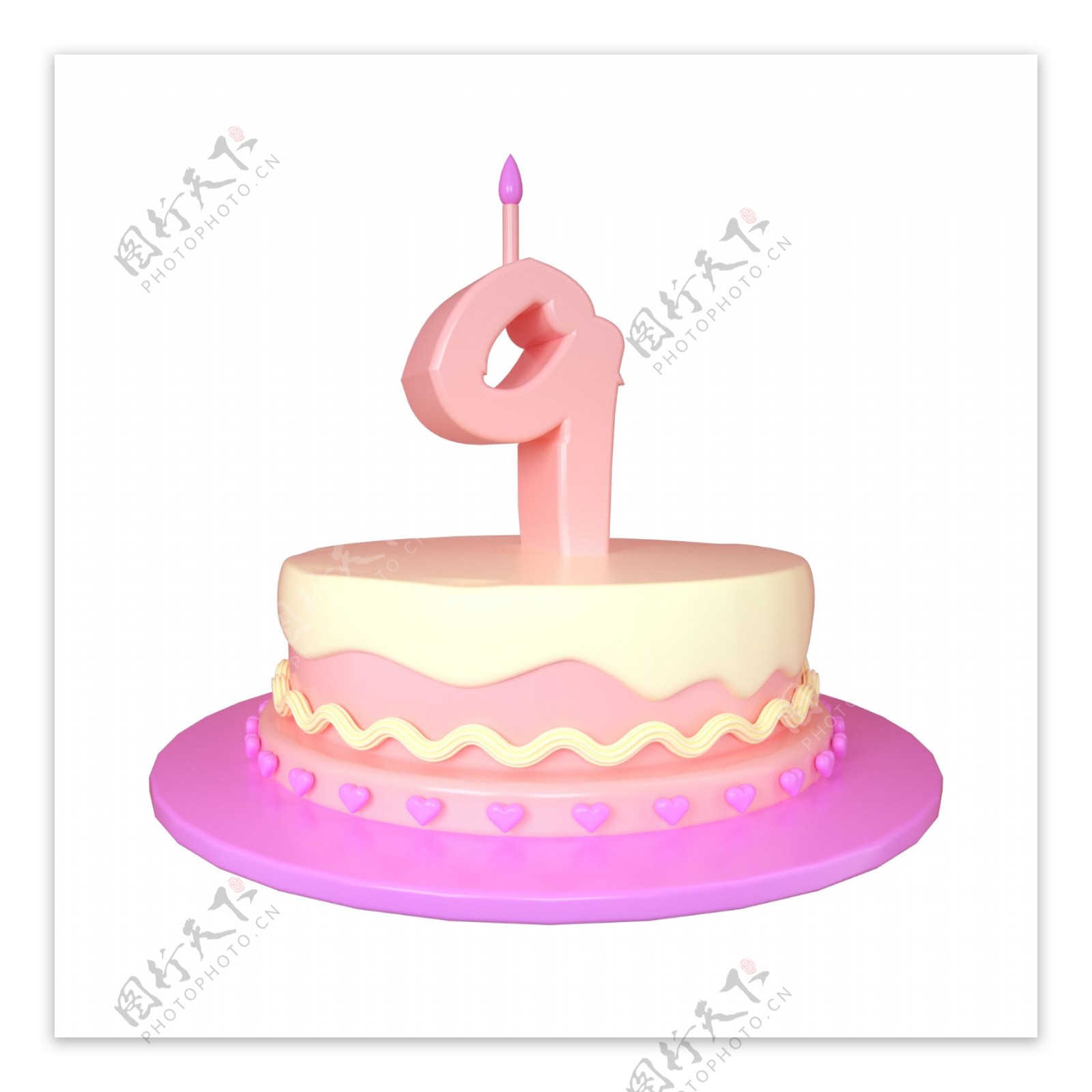 C4D可爱立体9周岁生日蛋糕装饰