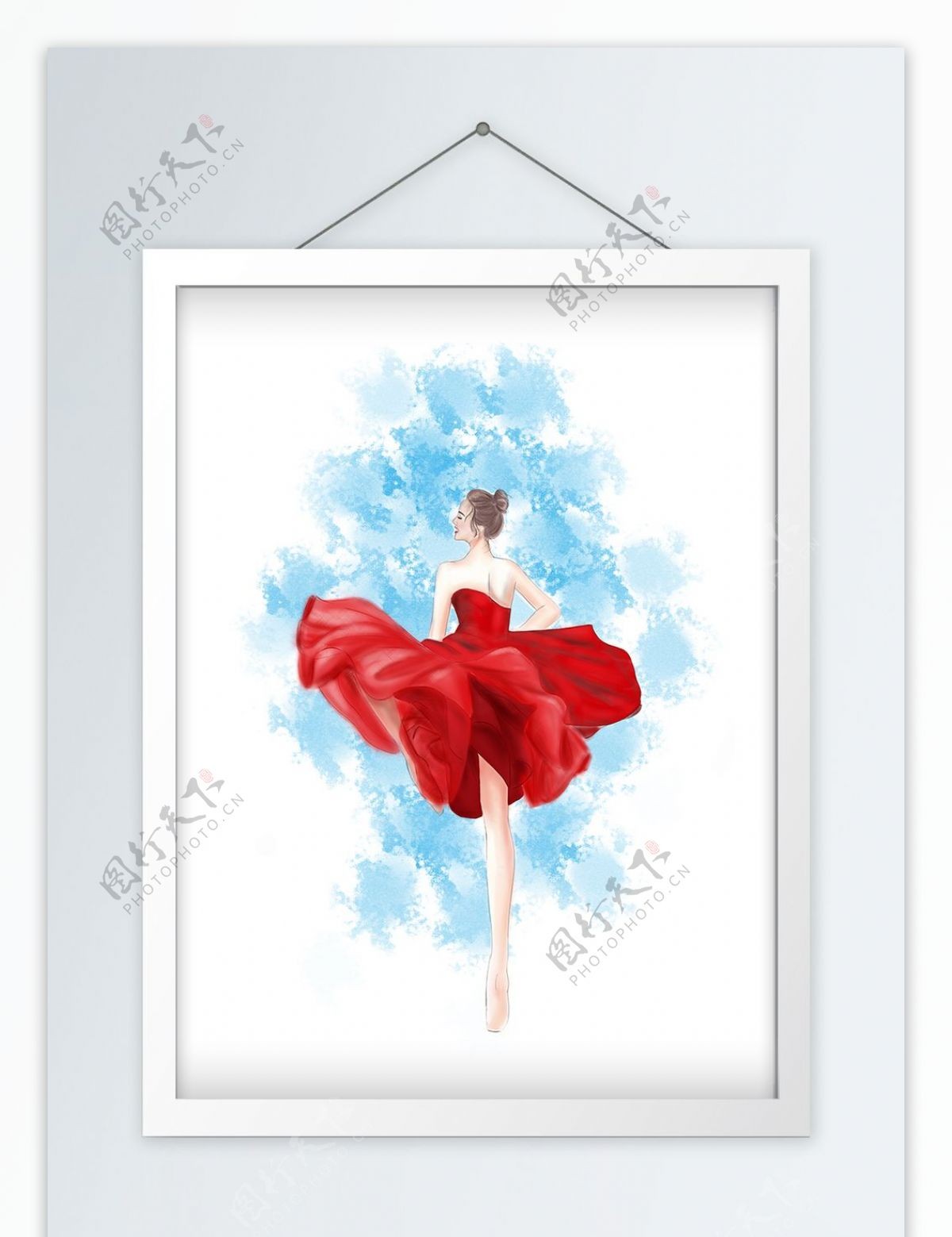 原创手绘起风飞舞的红裙芭蕾舞女孩