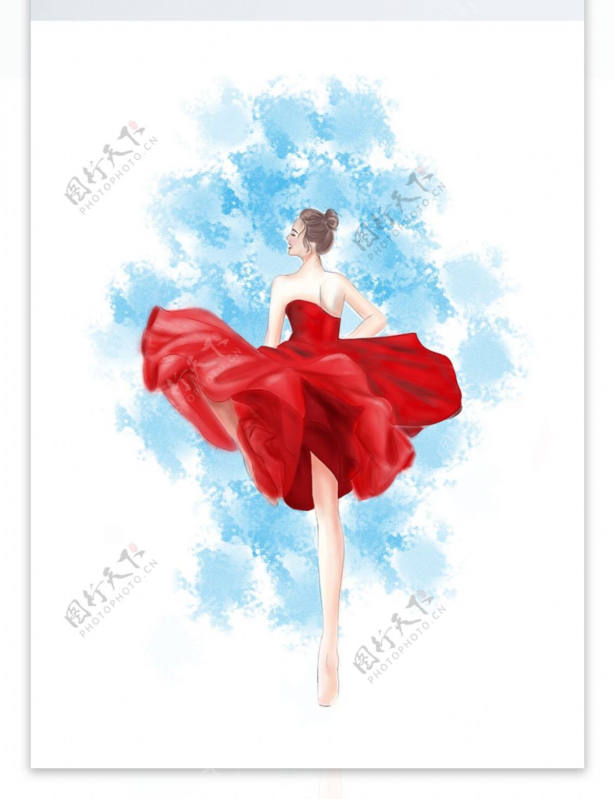 原创手绘起风飞舞的红裙芭蕾舞女孩