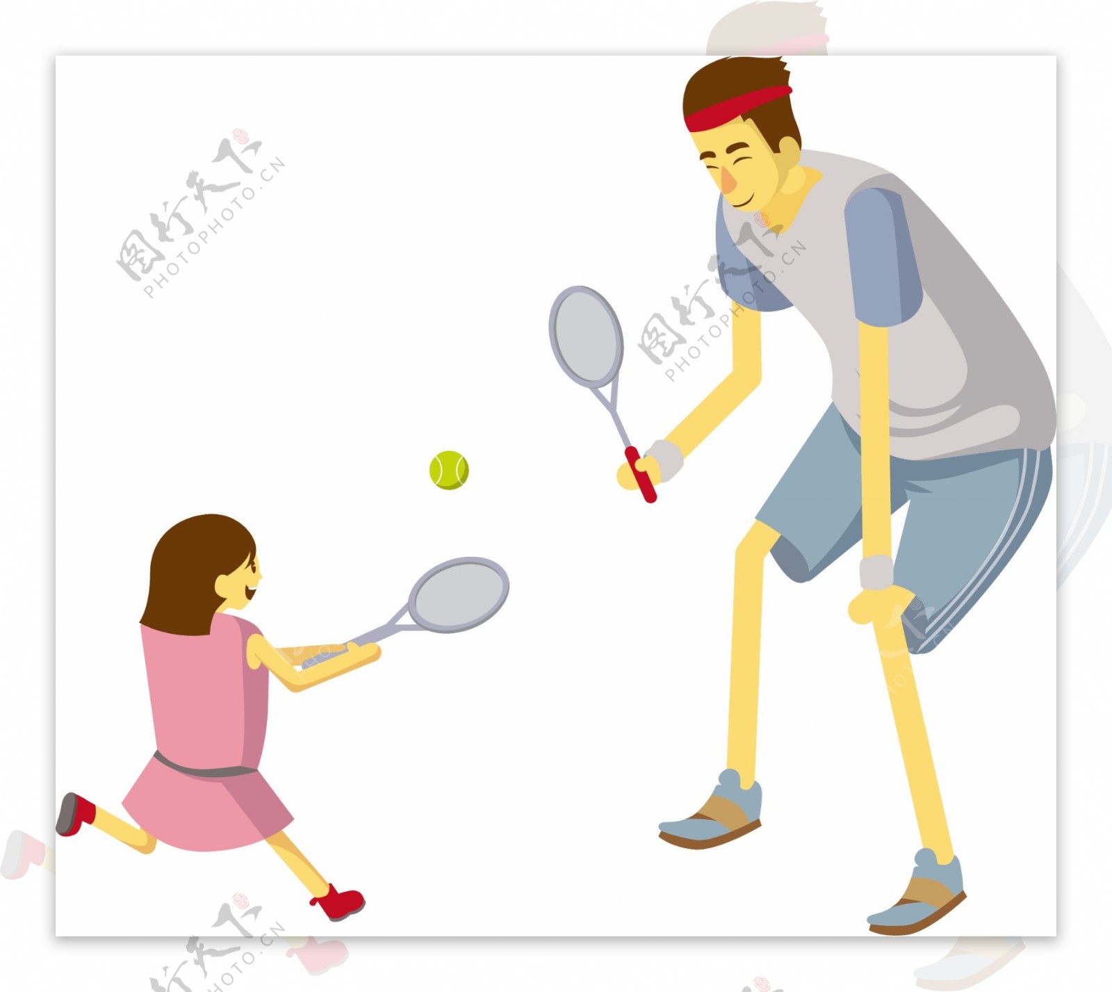 卡通矢量正在开心打网球的父女