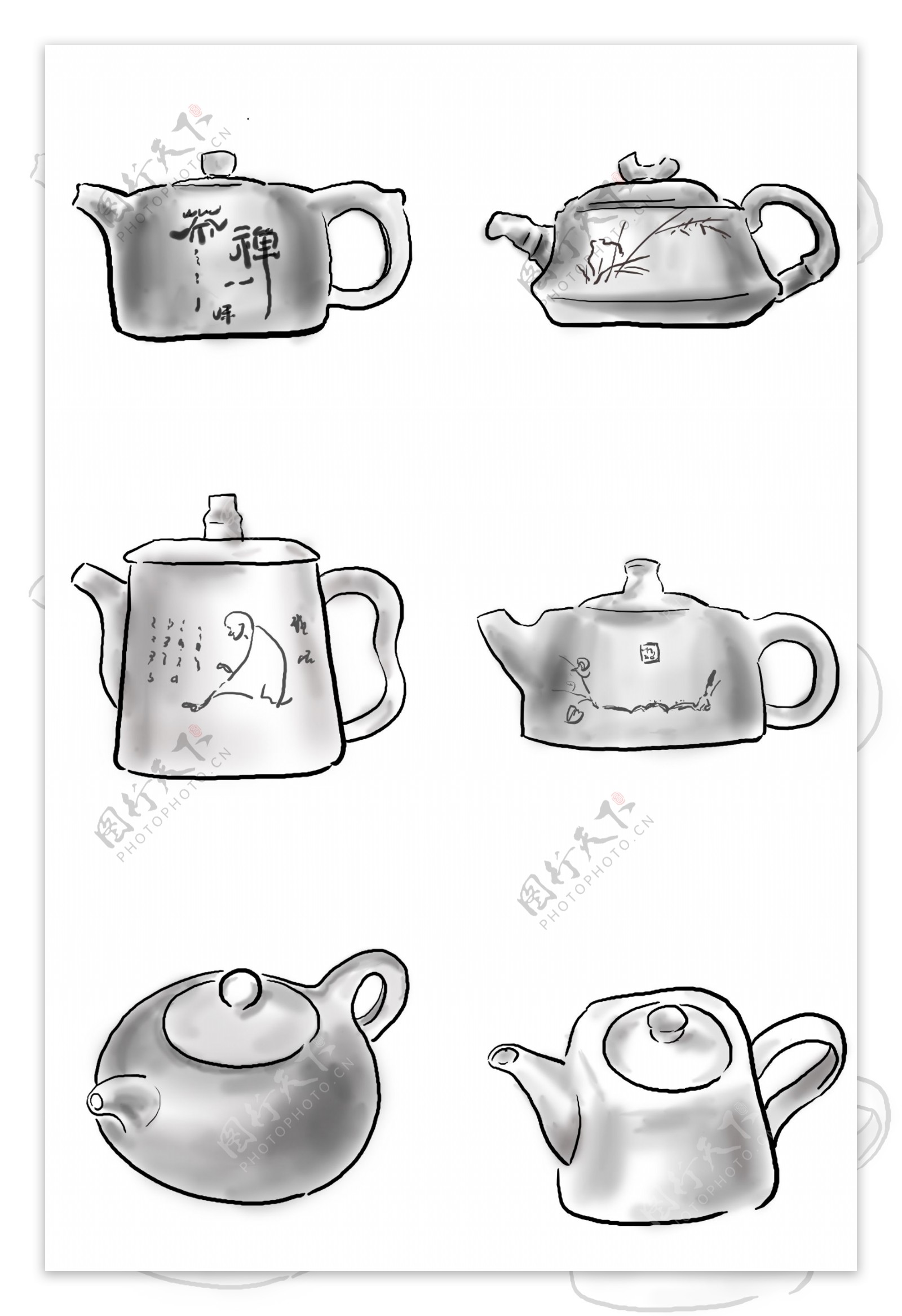 中国水墨手绘古风茶壶