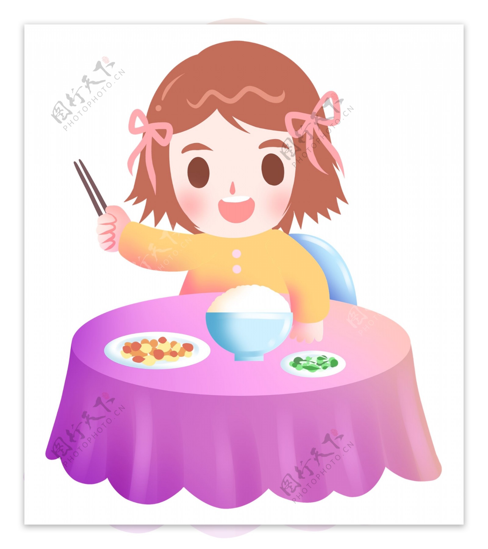 吃米饭的女孩插画