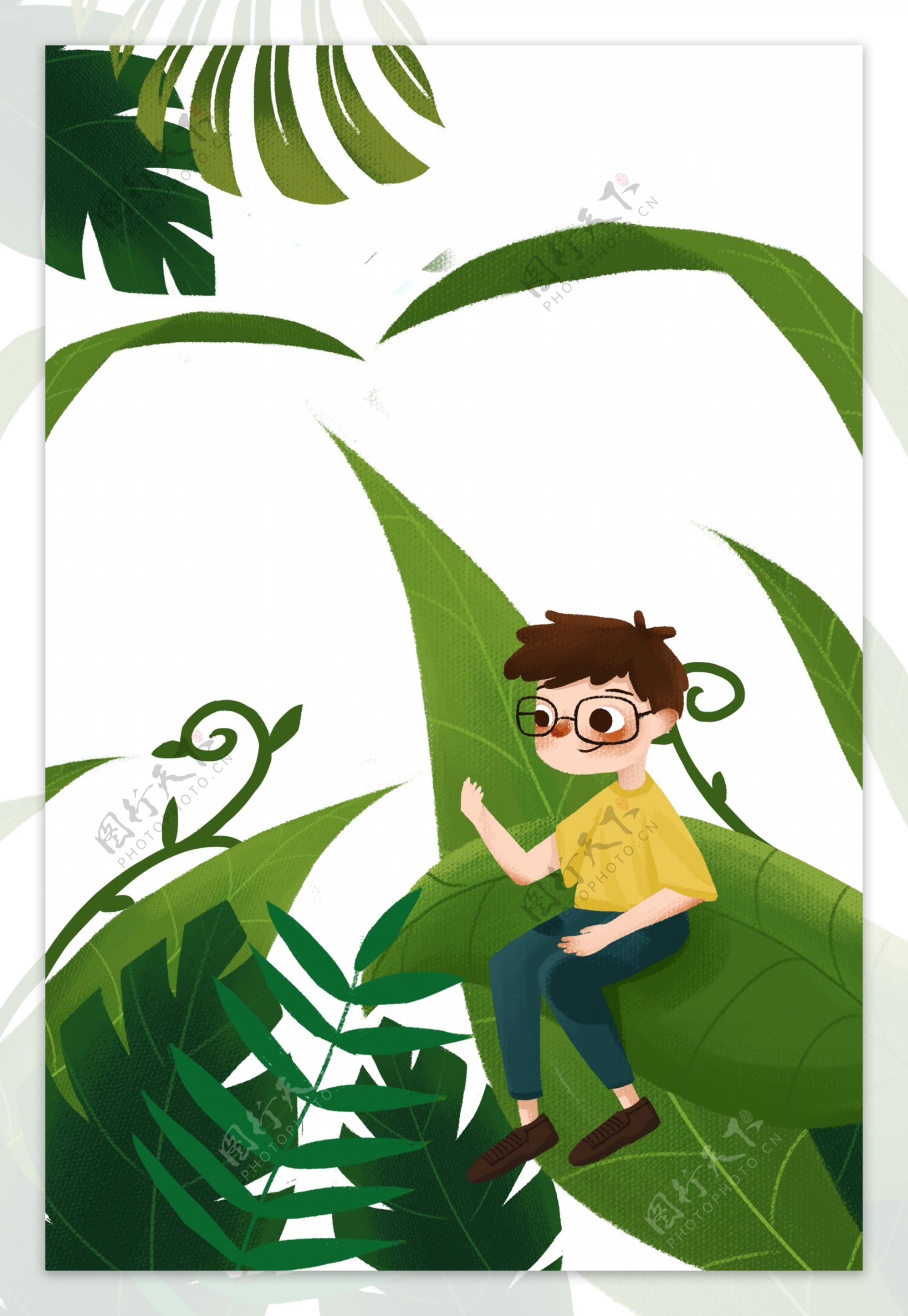 手绘卡通坐在植物上的小男孩元素