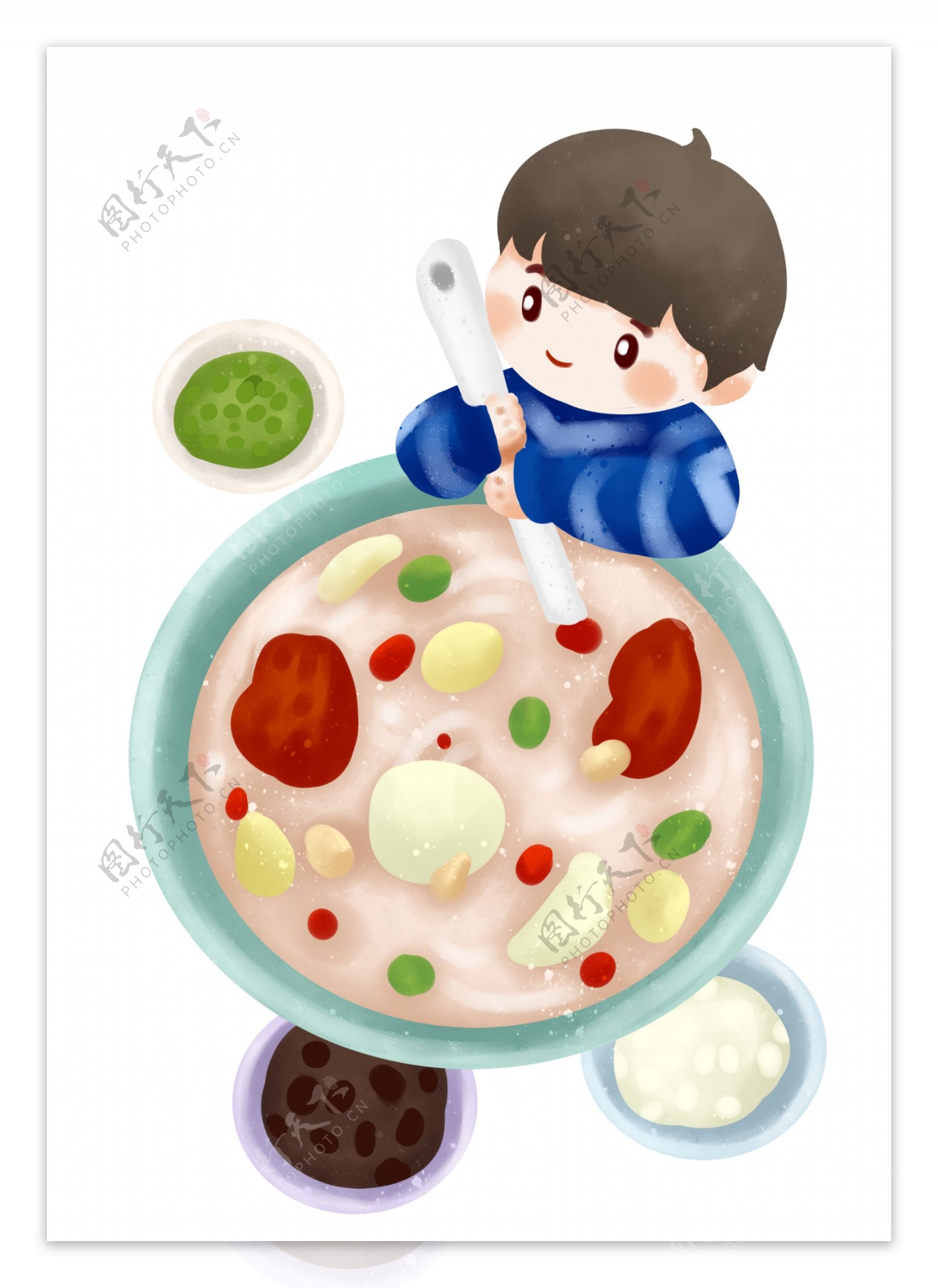 手绘腊八节吃粥的男孩插画