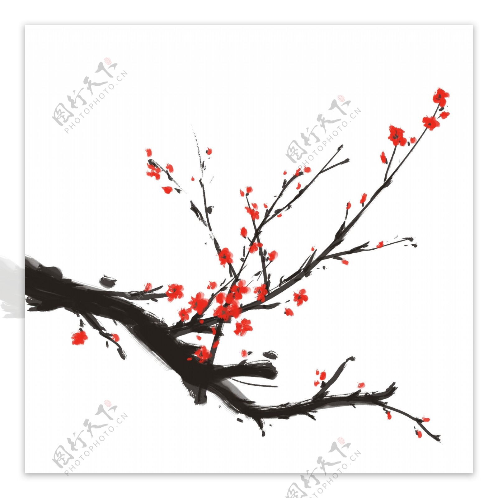 冬季红色梅花树枝水墨写意单棵唯美免抠