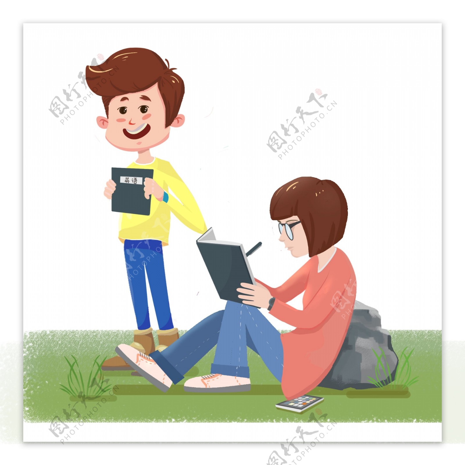 读书学习系列女孩坐着写字男孩站姿草地书本石头叶子