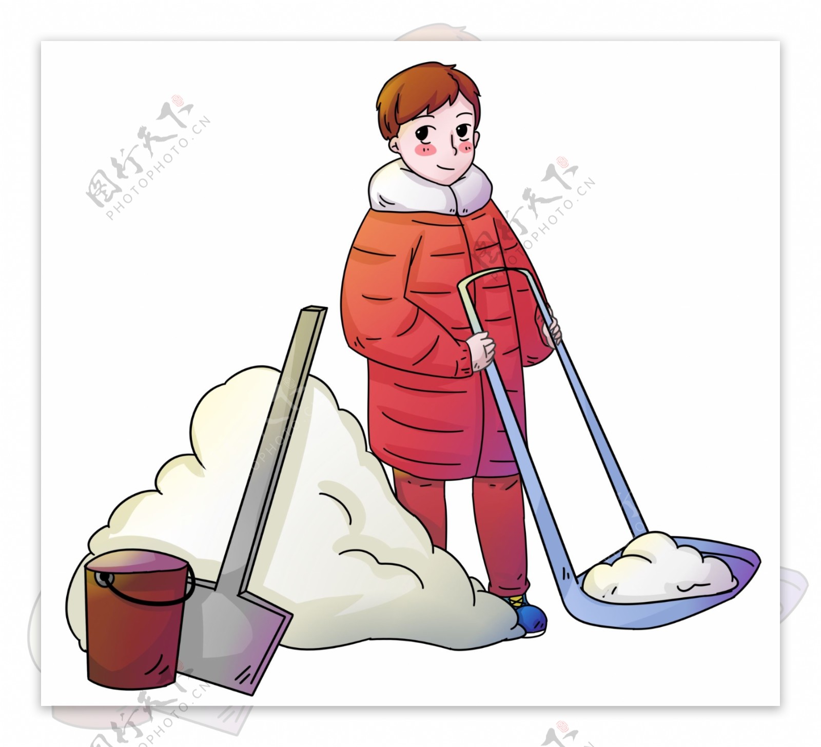 手绘冬季扫雪男孩人物插画