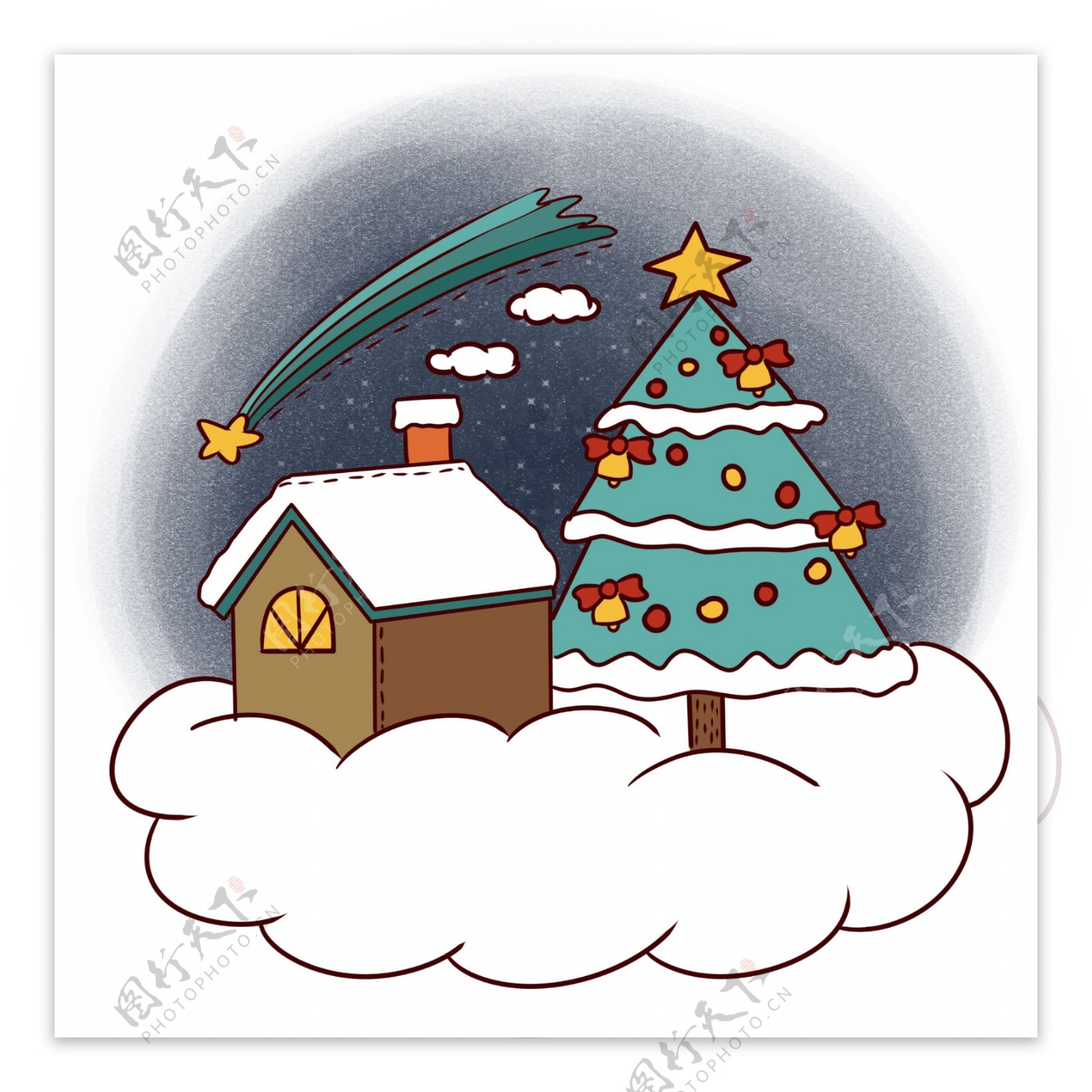 手绘卡通可爱圣诞节房子和圣诞树