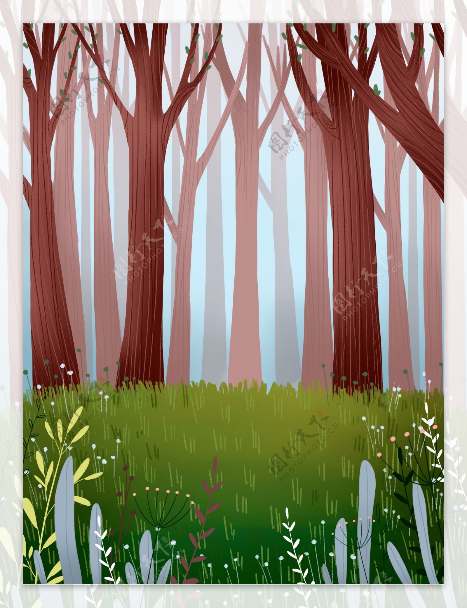 手绘树林的春天背景素材