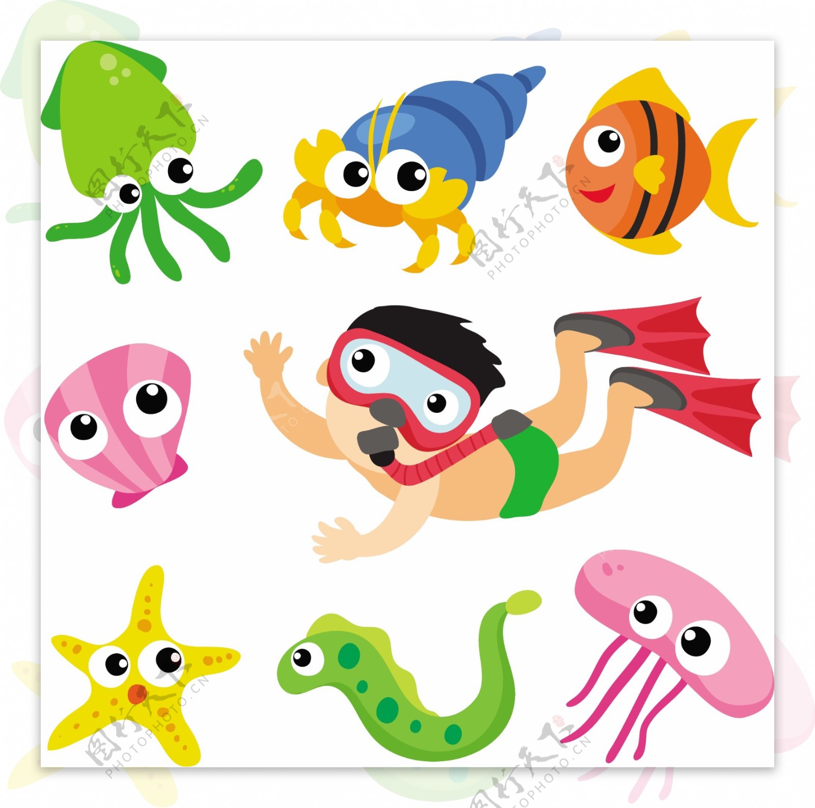 卡通潜水男孩和7款海洋动物