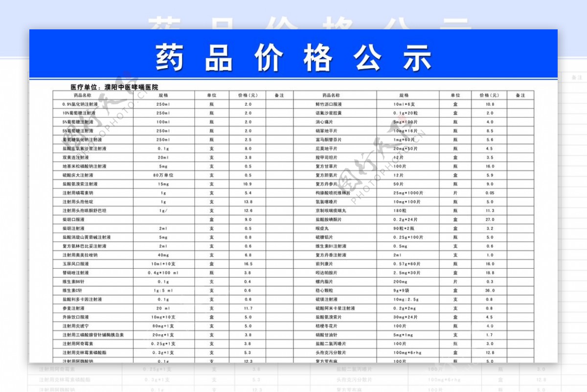 医院药品价格公示