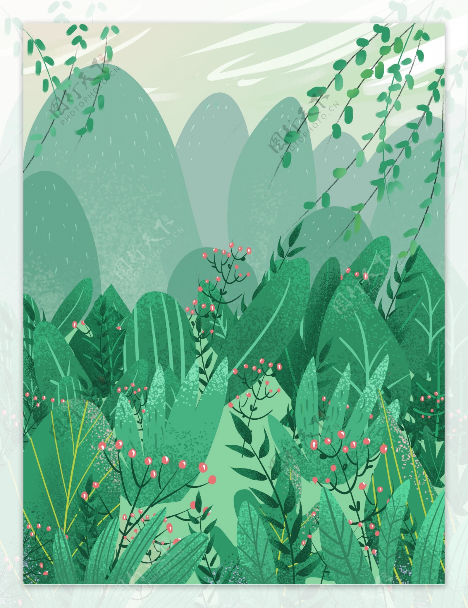 手绘春天绿色树林背景素材
