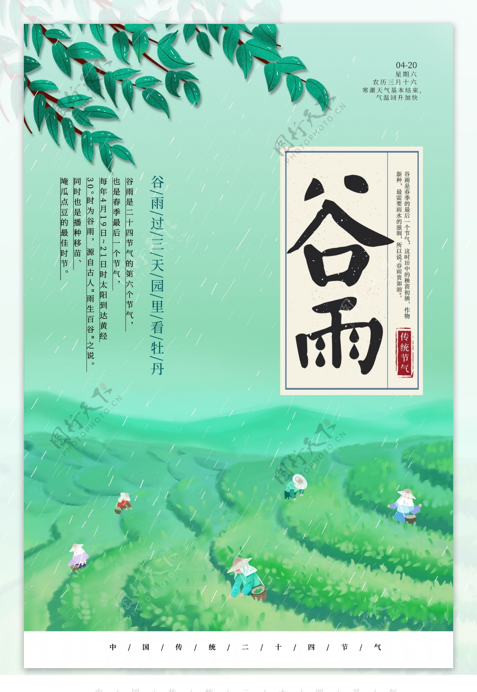 绿色中国风谷雨节气海报
