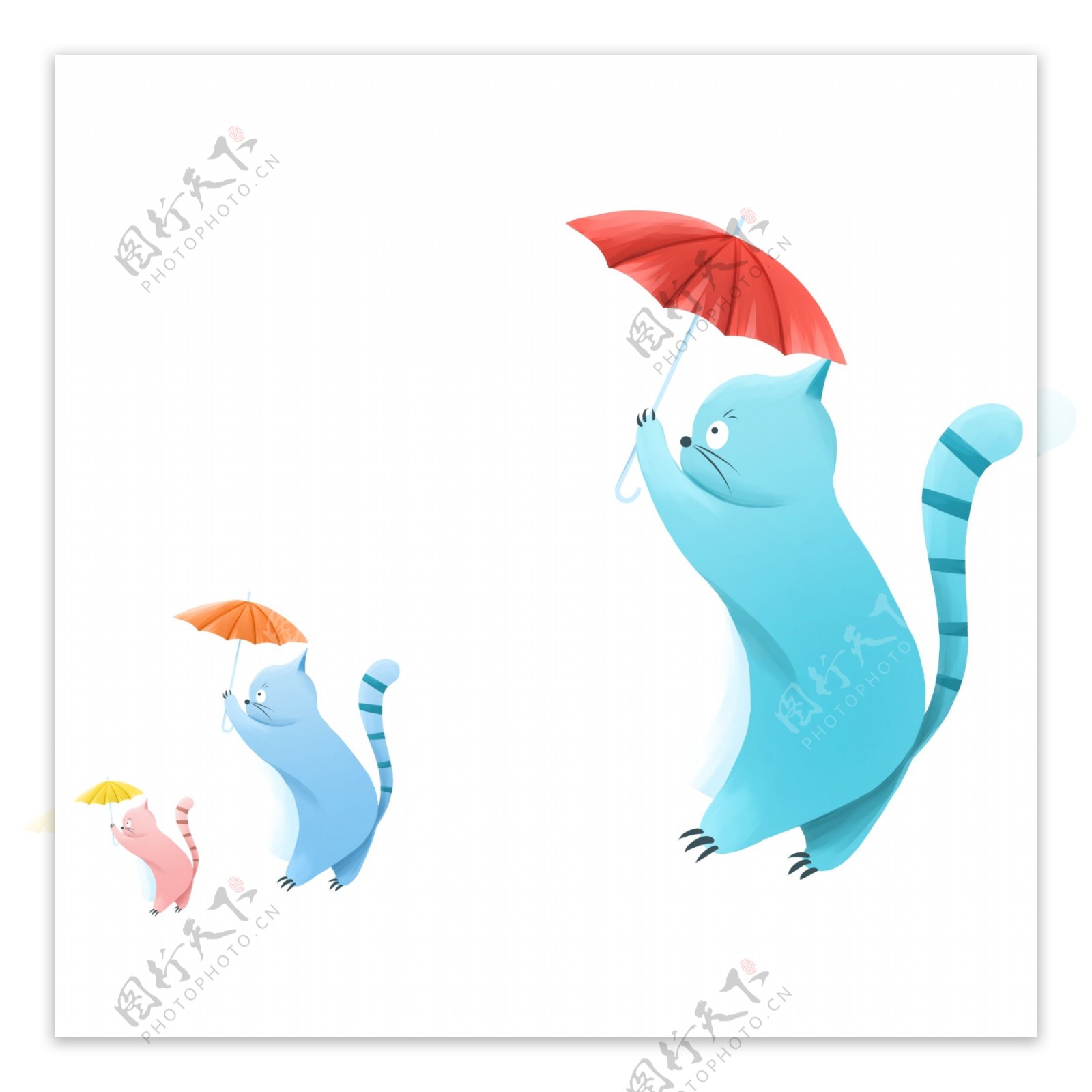 手绘一群撑着伞的猫咪动物设计
