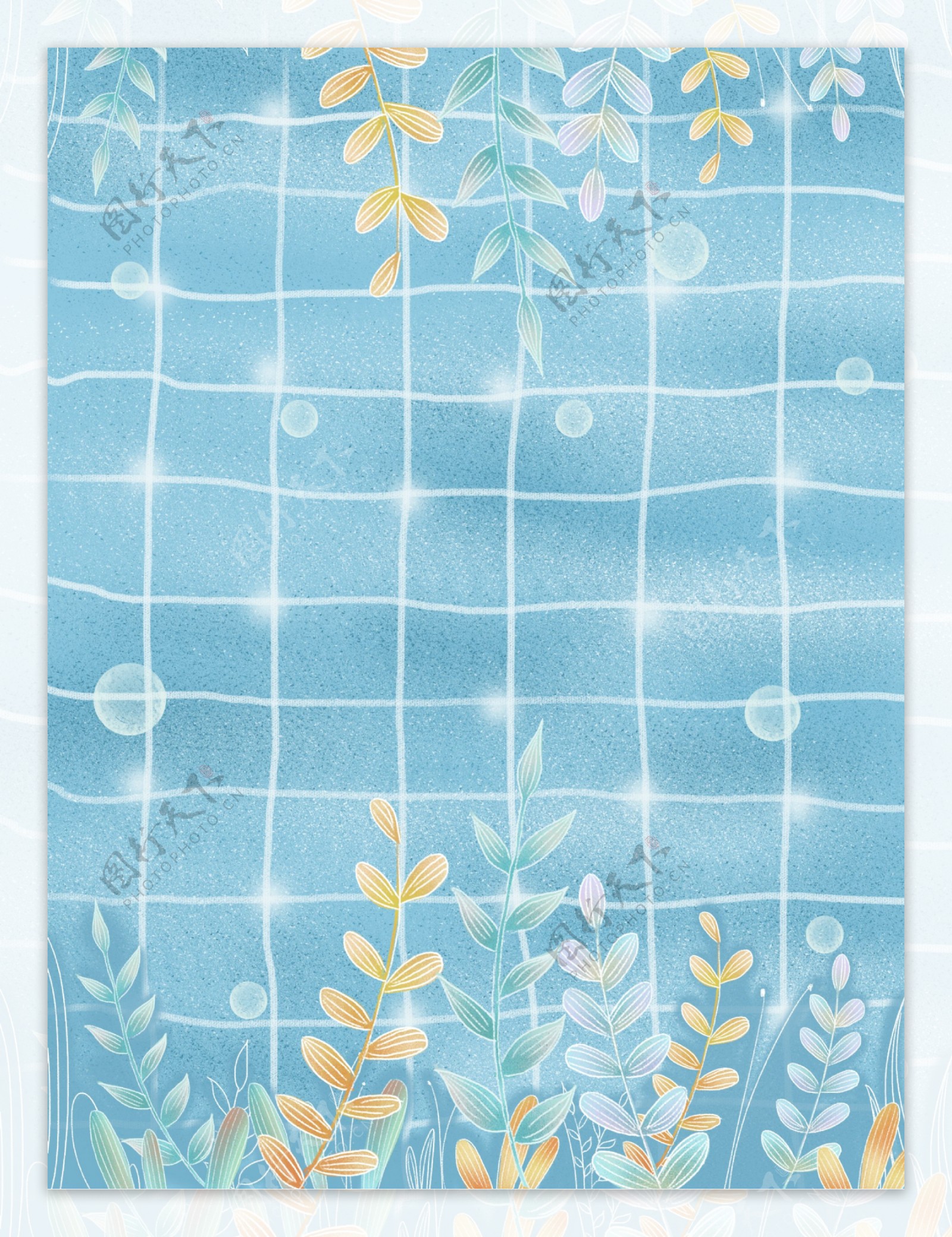 手绘蓝色格子树叶夏季背景设计