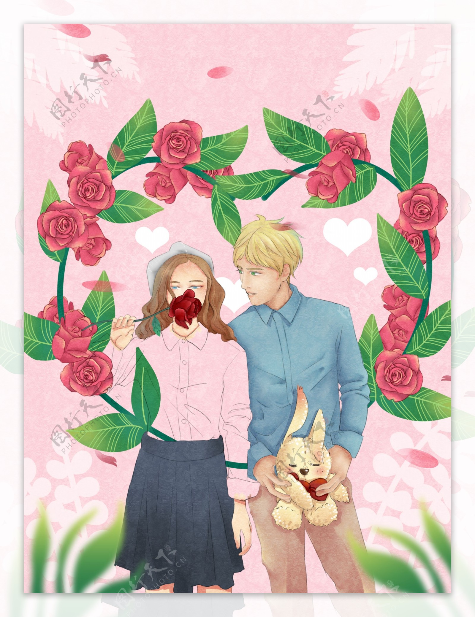 粉色彩绘浪漫插画玫瑰情侣表白背景设计