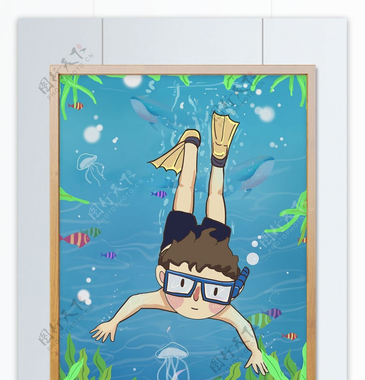 世界海洋日男孩潜水插画